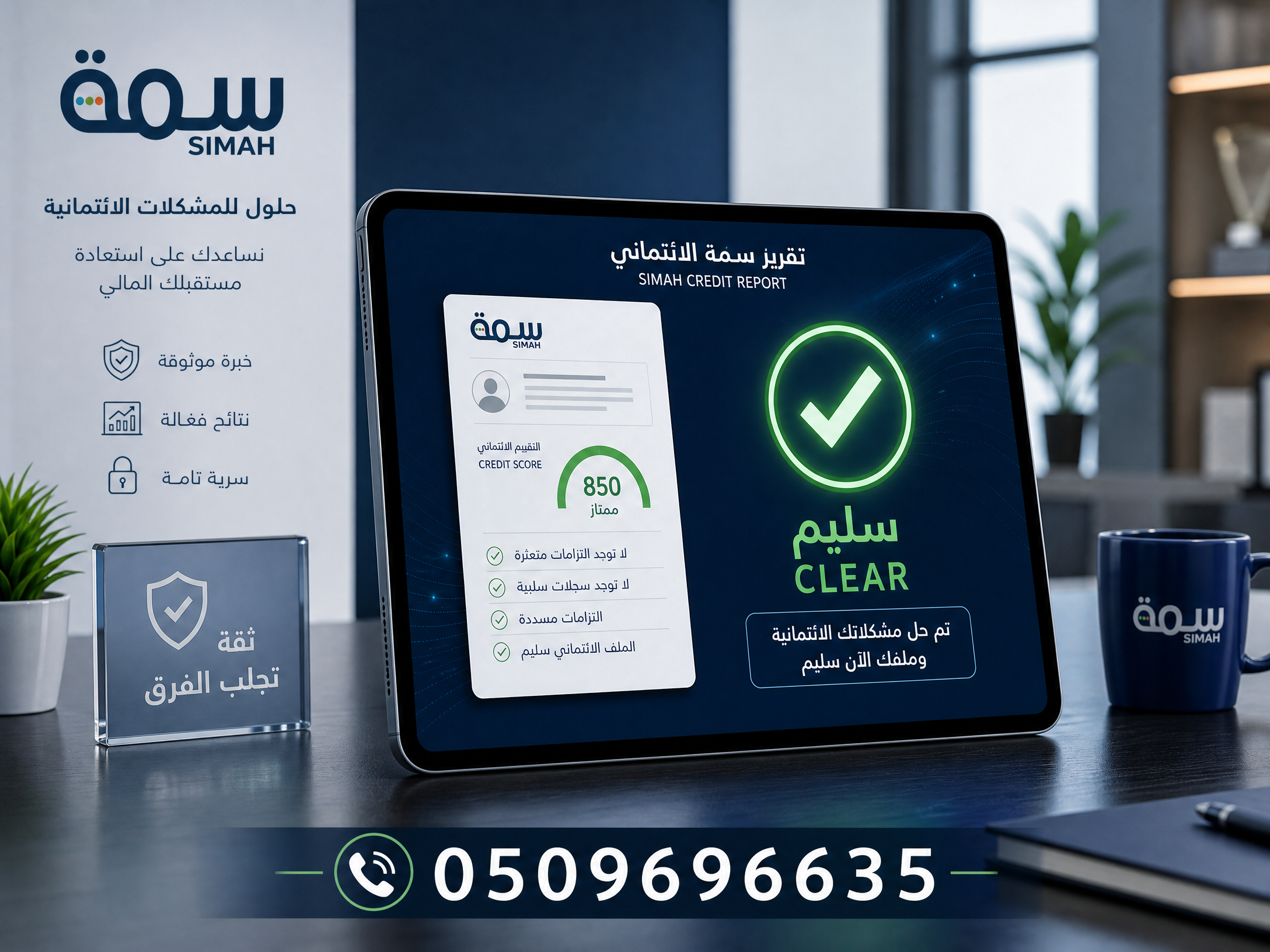 صورة شاشة رقمية تعرض تقرير ائتماني نظيف في سمة مع رقم التواصل 0509696635