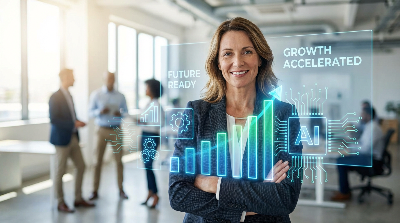 Small business owner with AI technology icons Small business owner with AI technology icons