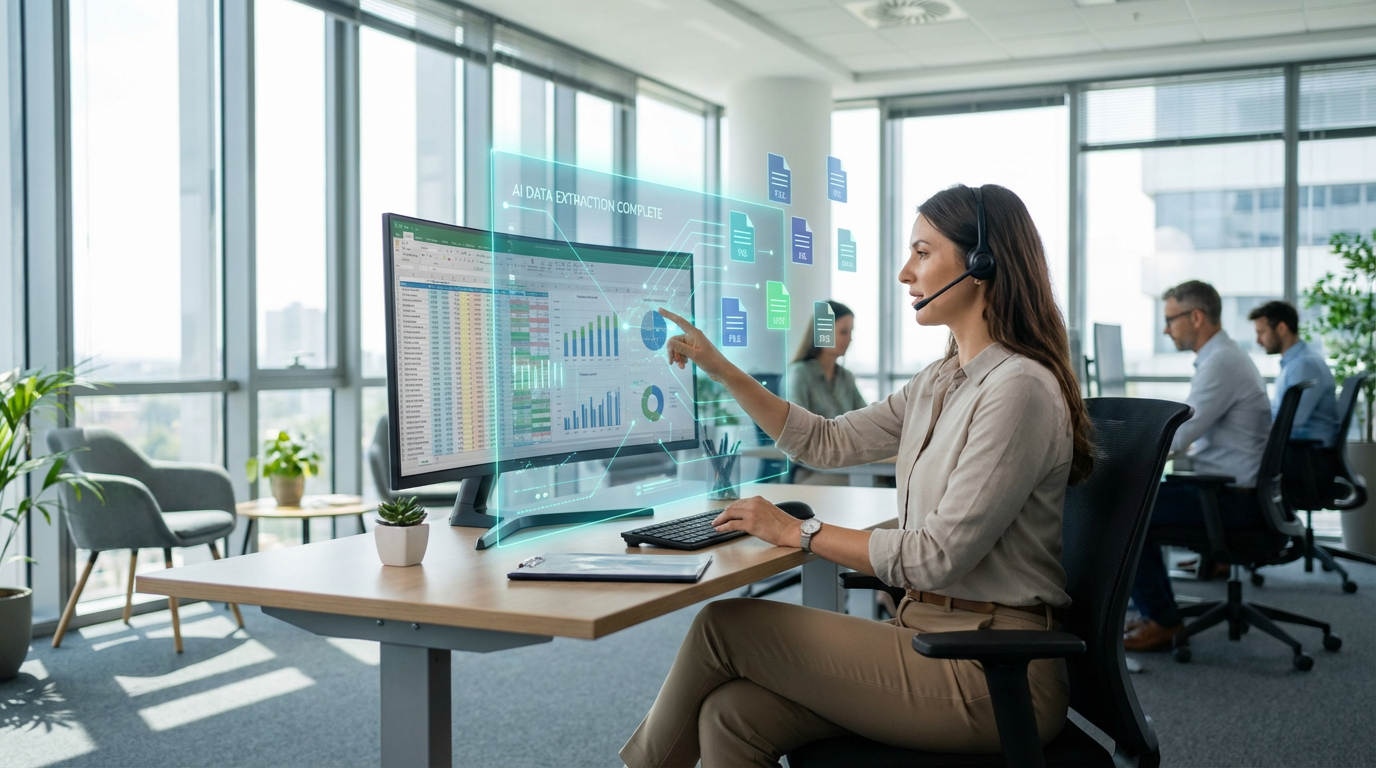 Business professional reviewing digital documents with AI overlay Business professional reviewing digital documents with AI overlay