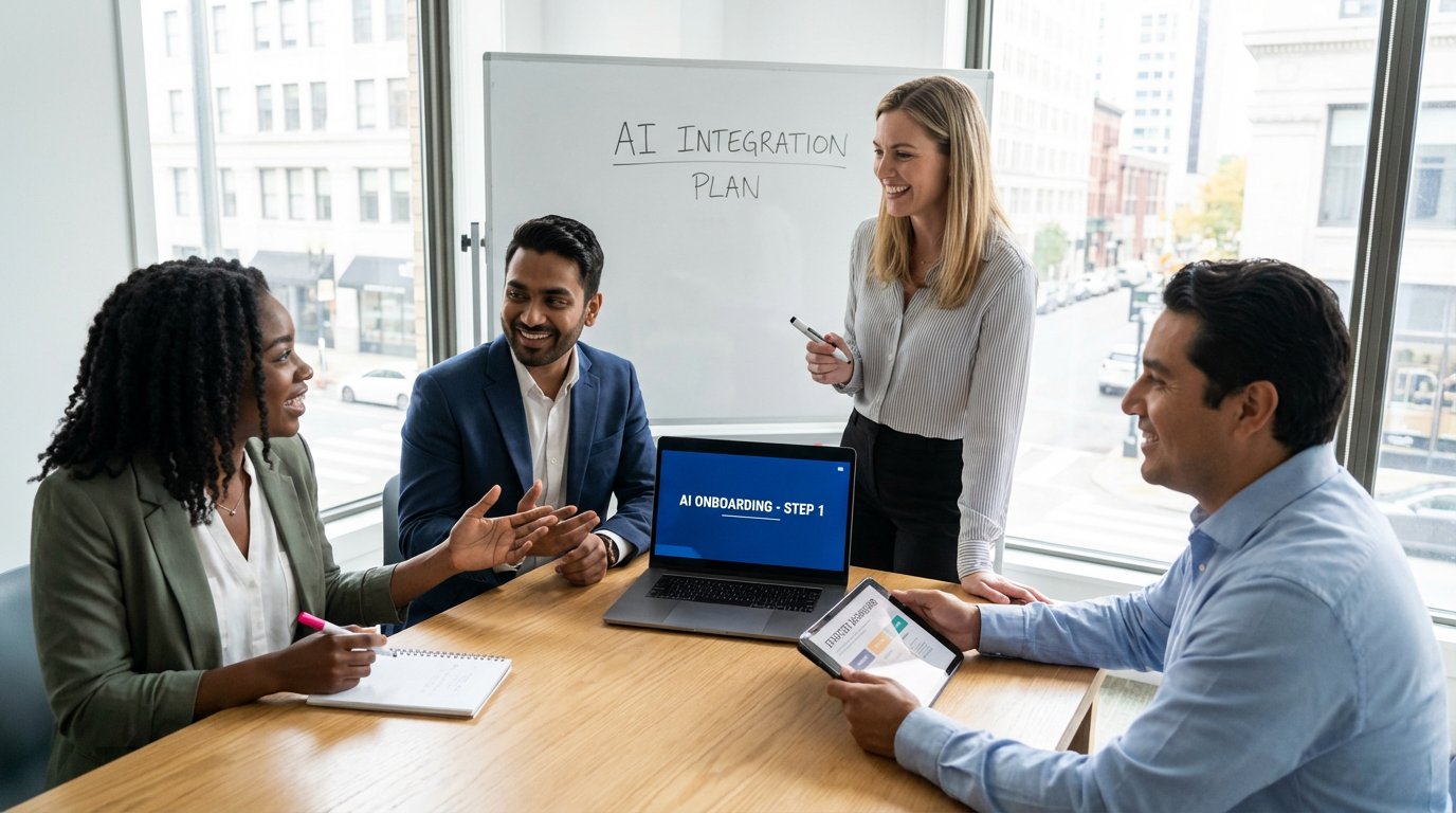 Small business team implementing new technology Small business team implementing new technology