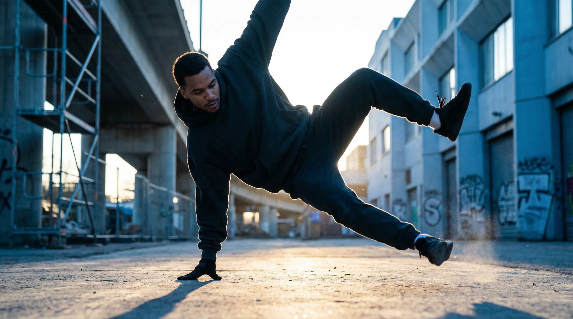 Street dancer performing dynamic breaking move in urban environment