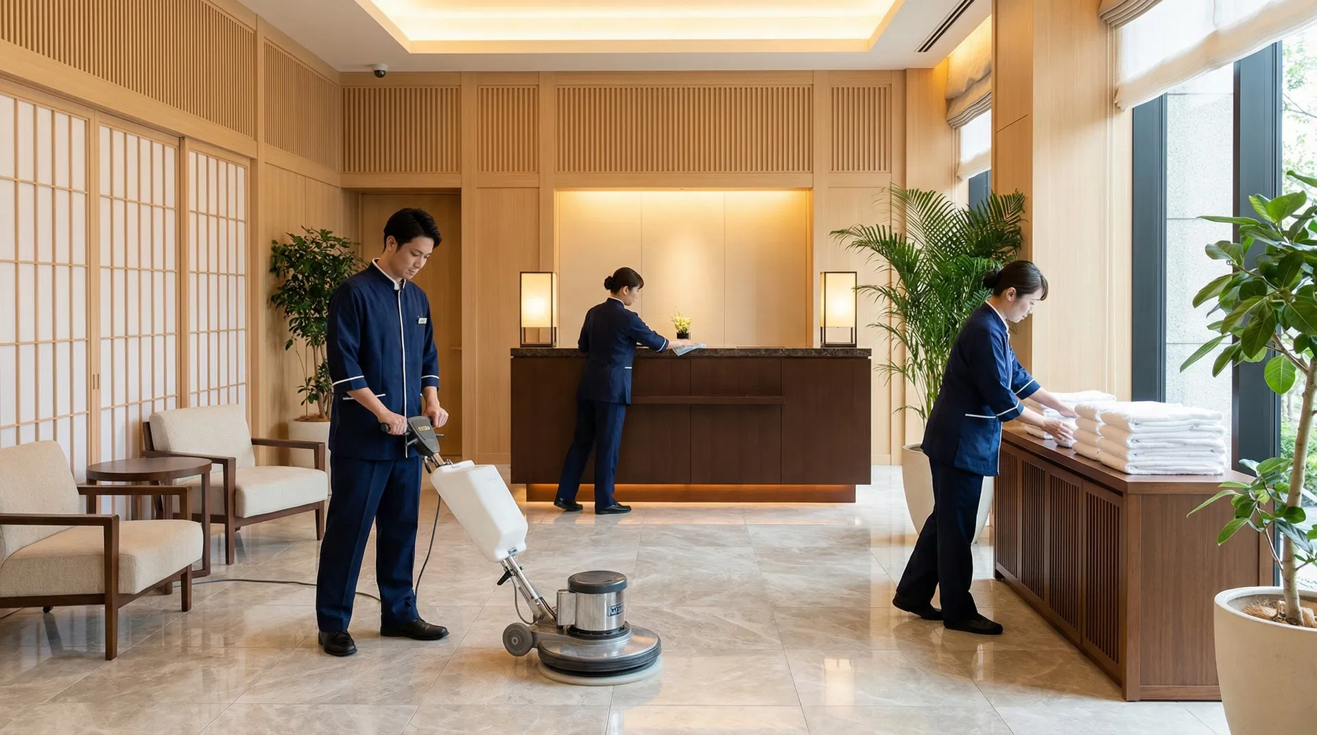 ホテルロビーでの清掃作業の様子