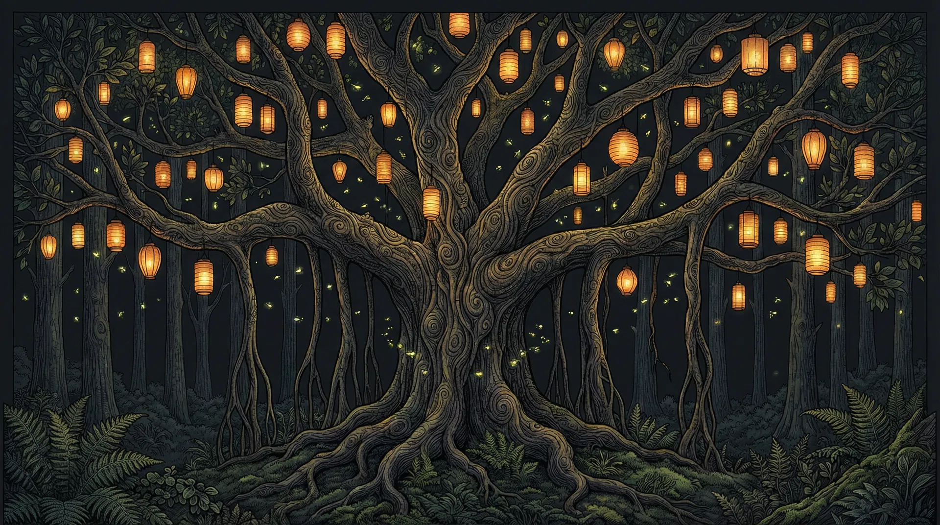 Banyan tree with lanterns