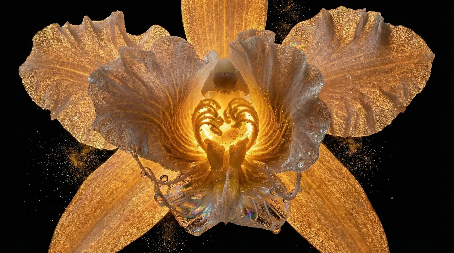 Macro photograph of a magnificent exotic flower in full bloom with amber bioluminescent petals and golden pollen, symbolizing the convergence of human identity and artificial intelligence