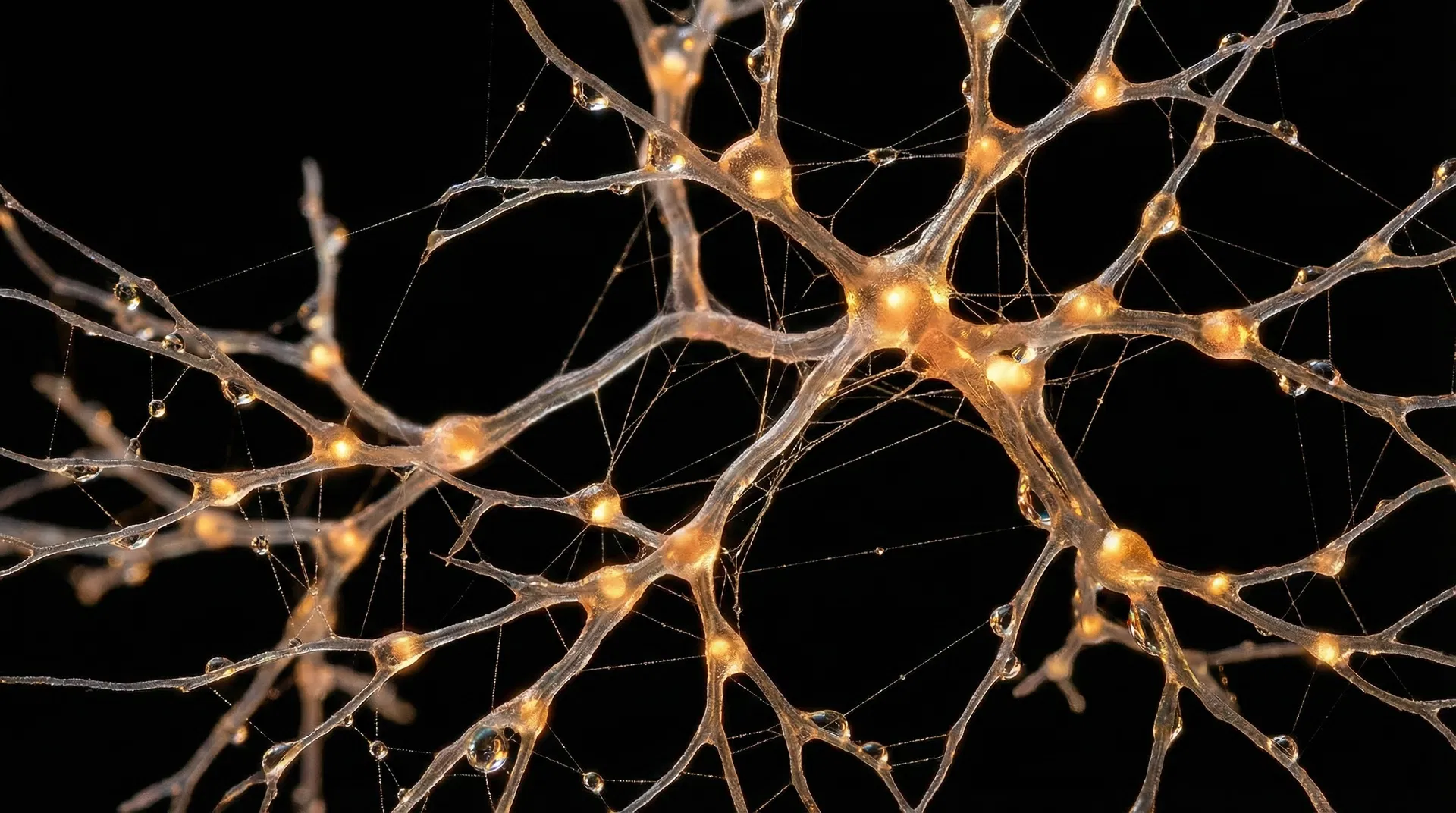 Macro photograph of bioluminescent coral-like neural network with golden nodes connected by translucent filaments, representing the Trust Architecture Framework