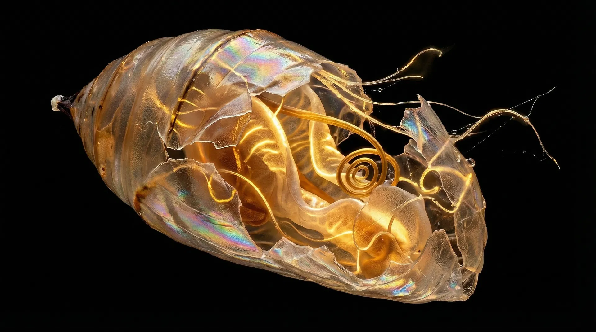 Macro photograph of a translucent chrysalis seed pod cracking open to reveal golden internal structures, representing the transformation of Agentic Experience Design