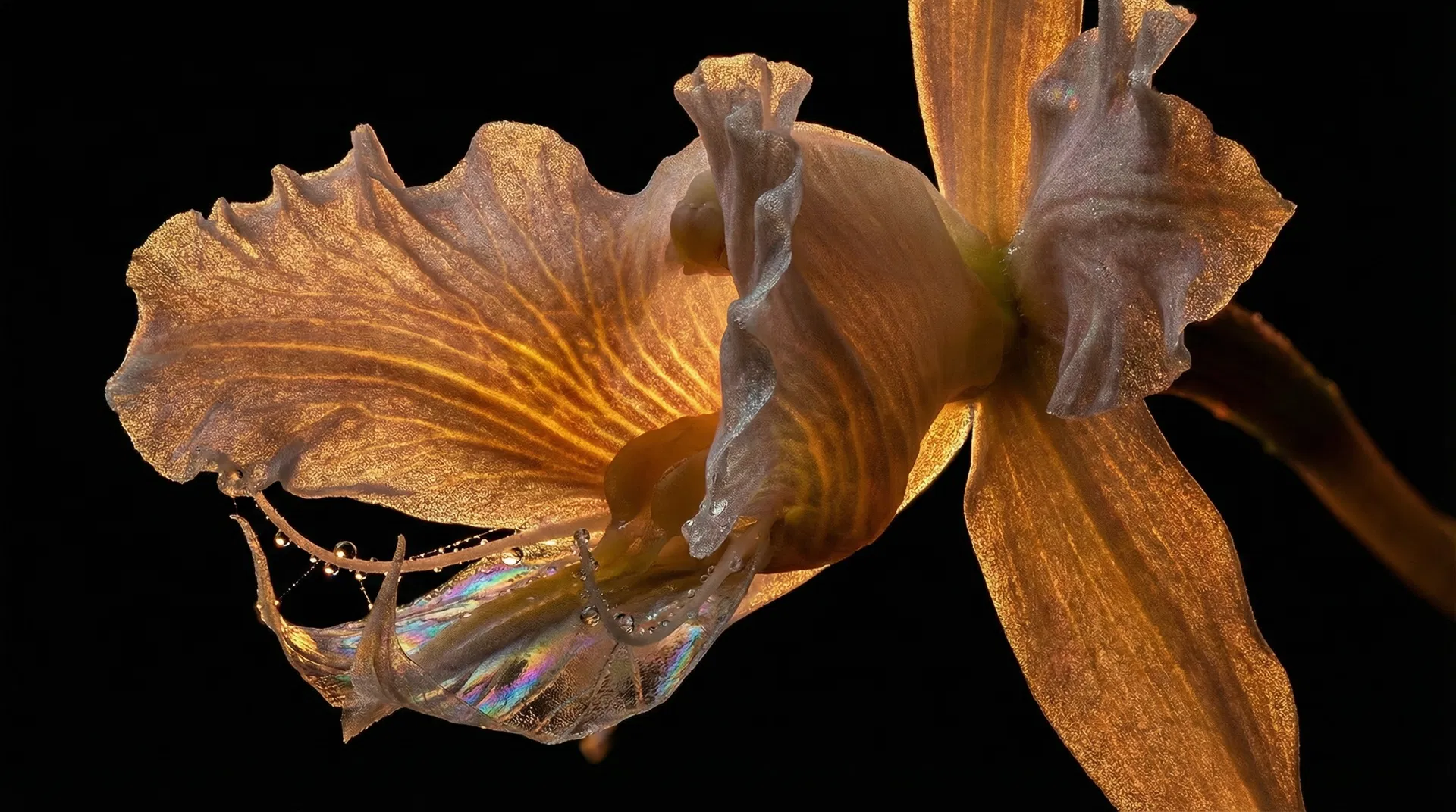 Macro photograph of a luminous orchid with translucent amber petals and iridescent dewdrops against pure black, representing the emergence of Identic AI