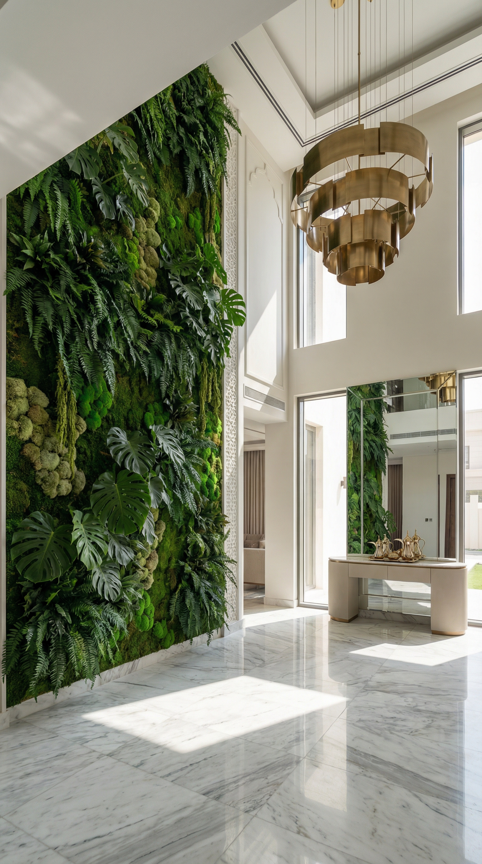 A grand entryway in a luxury Qatar villa featuring a dramatic floor-to-ceiling preserved green wall with marble floors and a gold chandelier