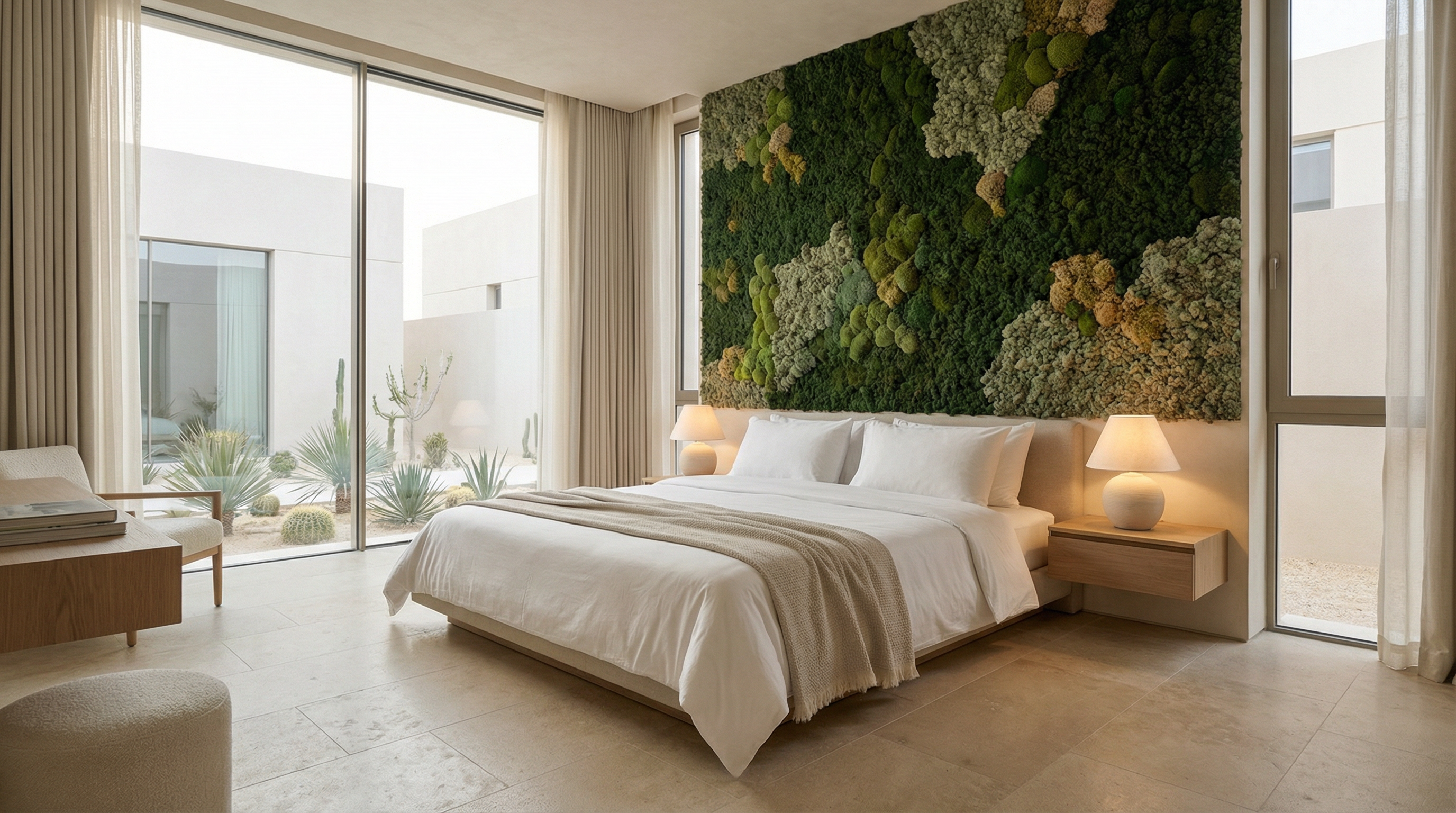 A serene, minimalist luxury bedroom in a Qatar villa with a preserved moss wall behind the headboard, white linen, and soft lighting