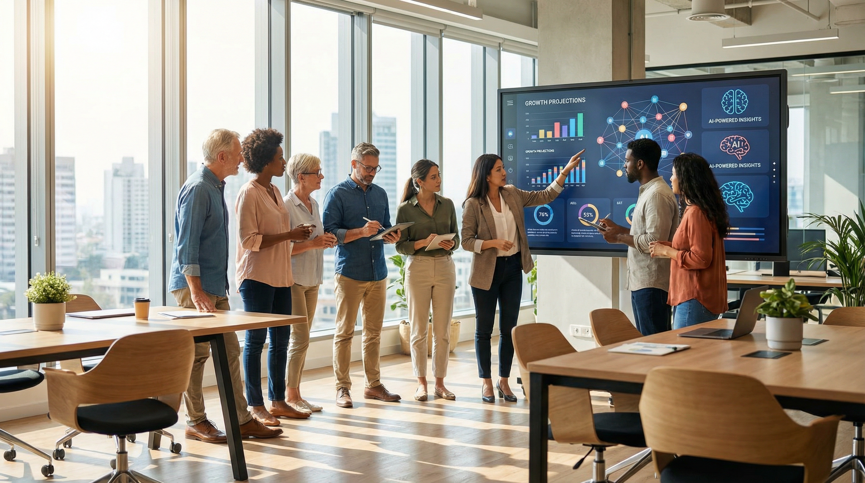 Diverse group of small business owners collaborating around an AI analytics dashboard Diverse group of small business owners collaborating around an AI analytics dashboard
