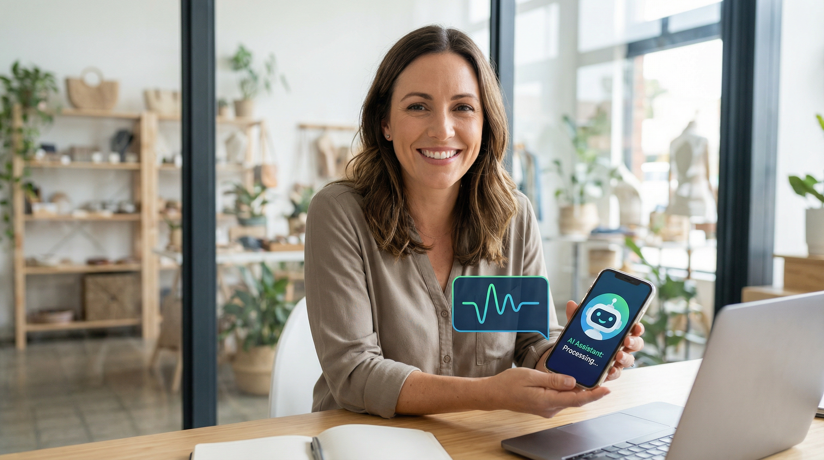 Business owner using an AI voice assistant on smartphone Business owner using an AI voice assistant on smartphone