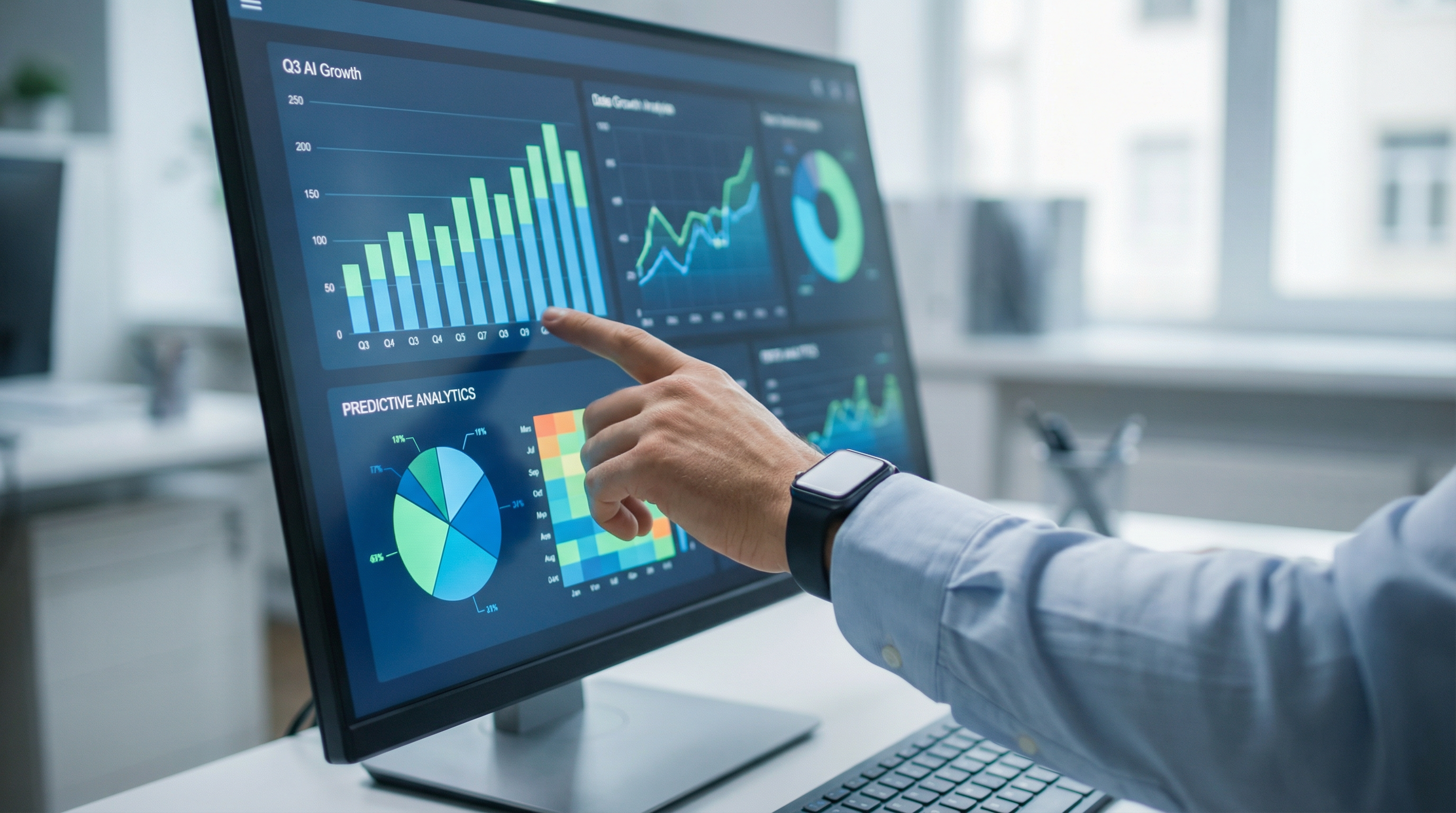 Business professional analyzing AI-powered data insights on touchscreen Business professional analyzing AI-powered data insights on touchscreen