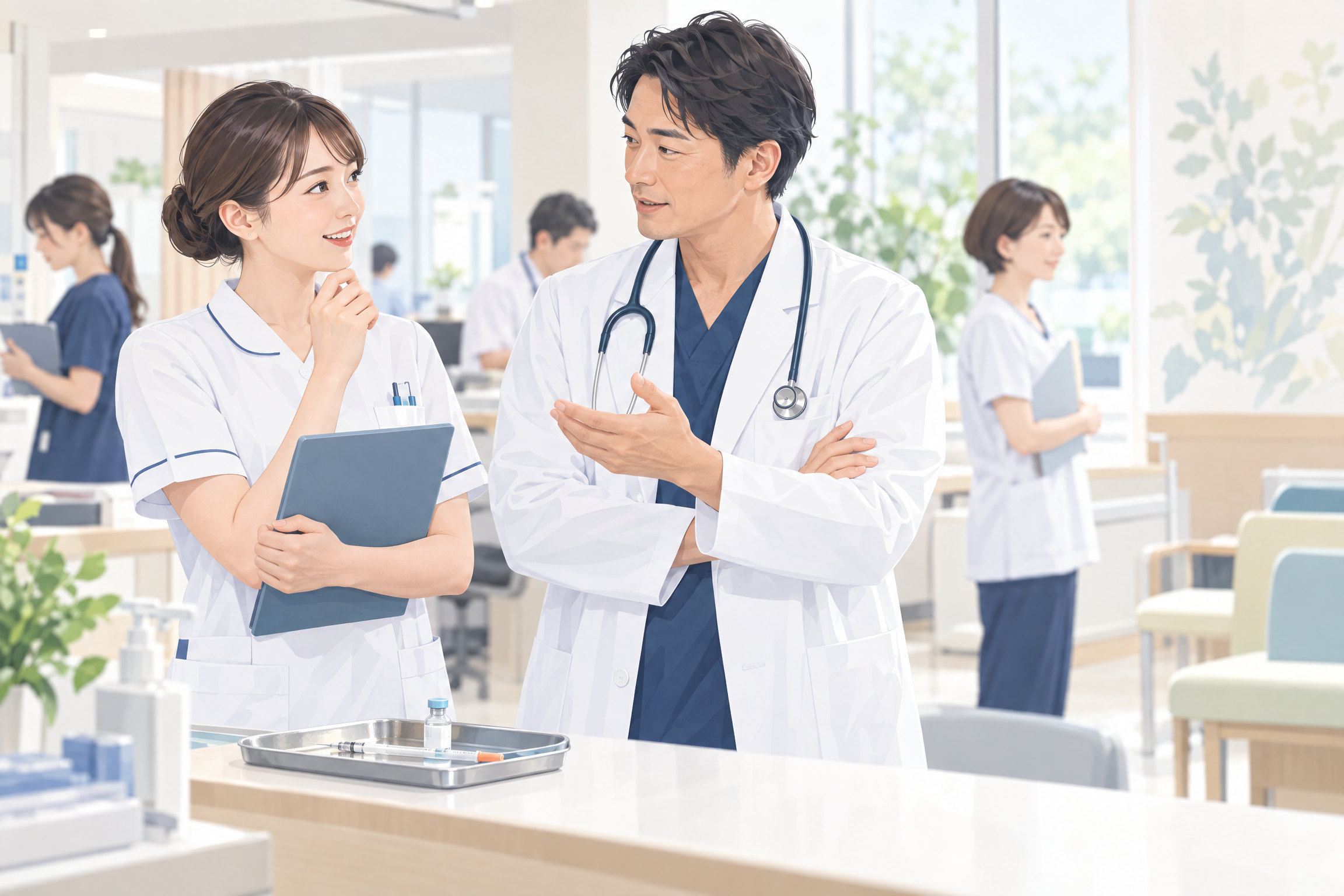 院内でスタッフのインフルエンザ予防接種について相談する医師と看護師
