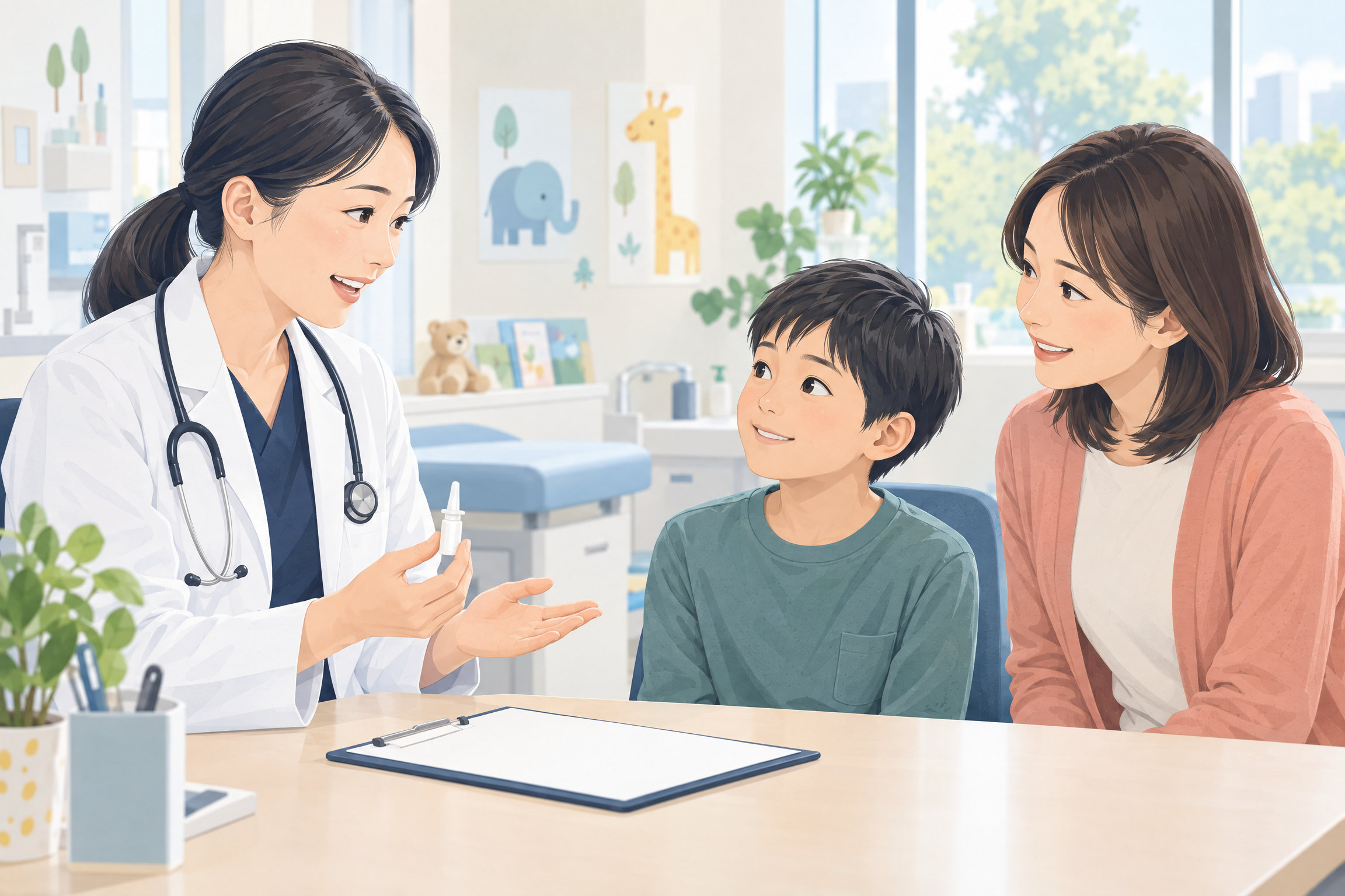 経鼻インフルエンザワクチンについて説明を受ける親子