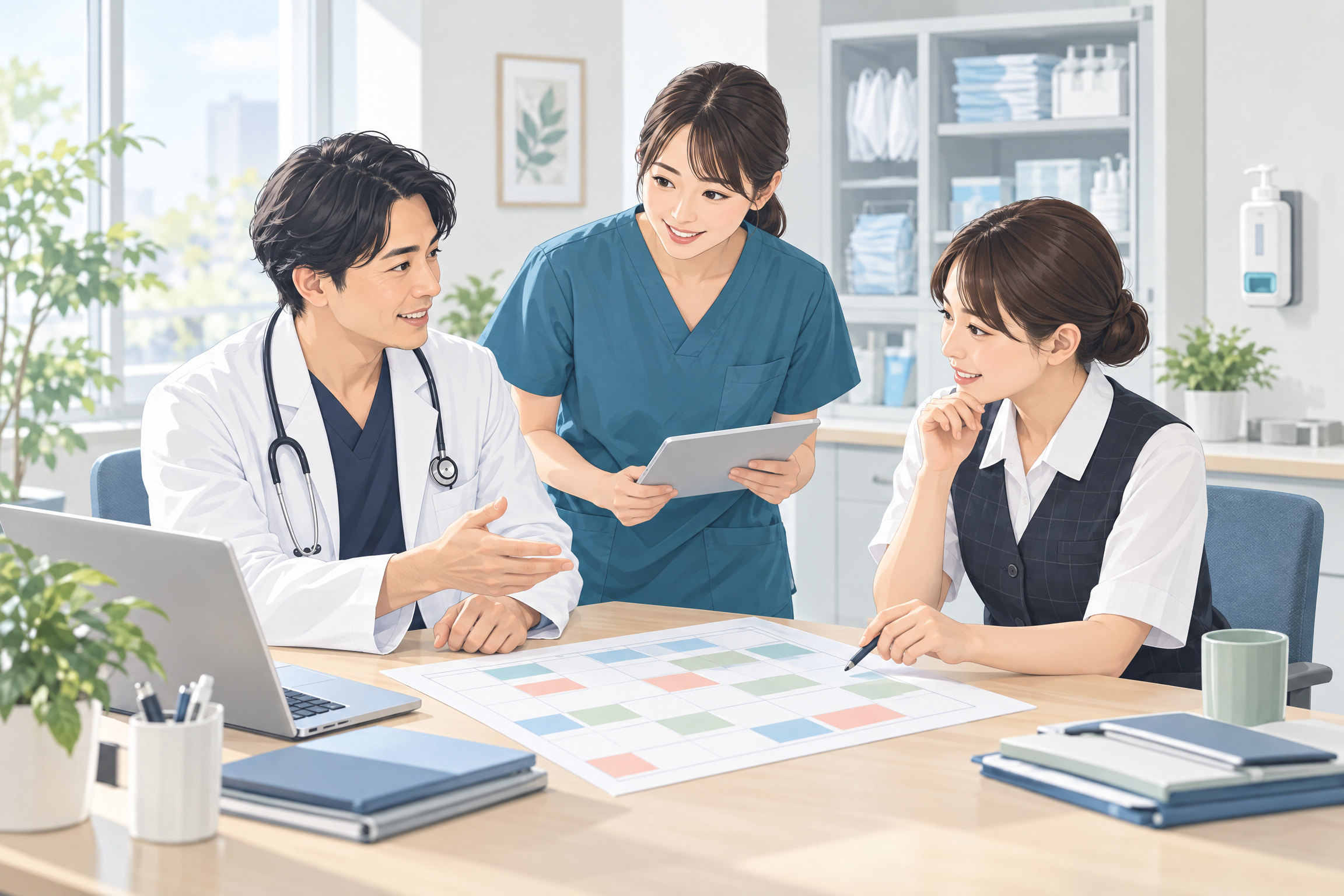 診療継続に向けてシフトと院内感染対策を話し合う医療スタッフ