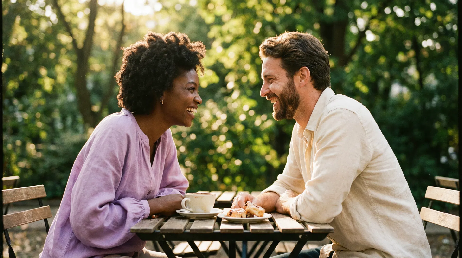Two people sharing a warm, genuine moment of platonic connection over coffee outdoors