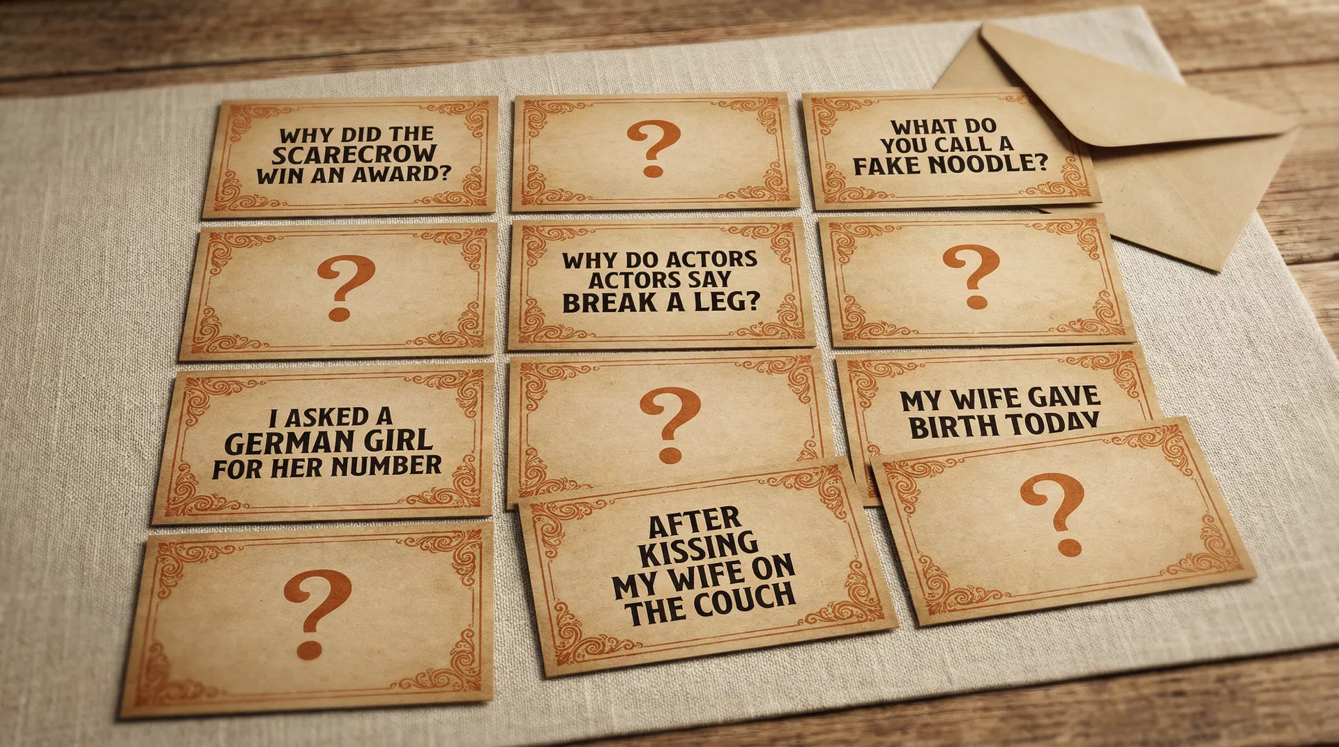 All 12 dad joke cards laid out