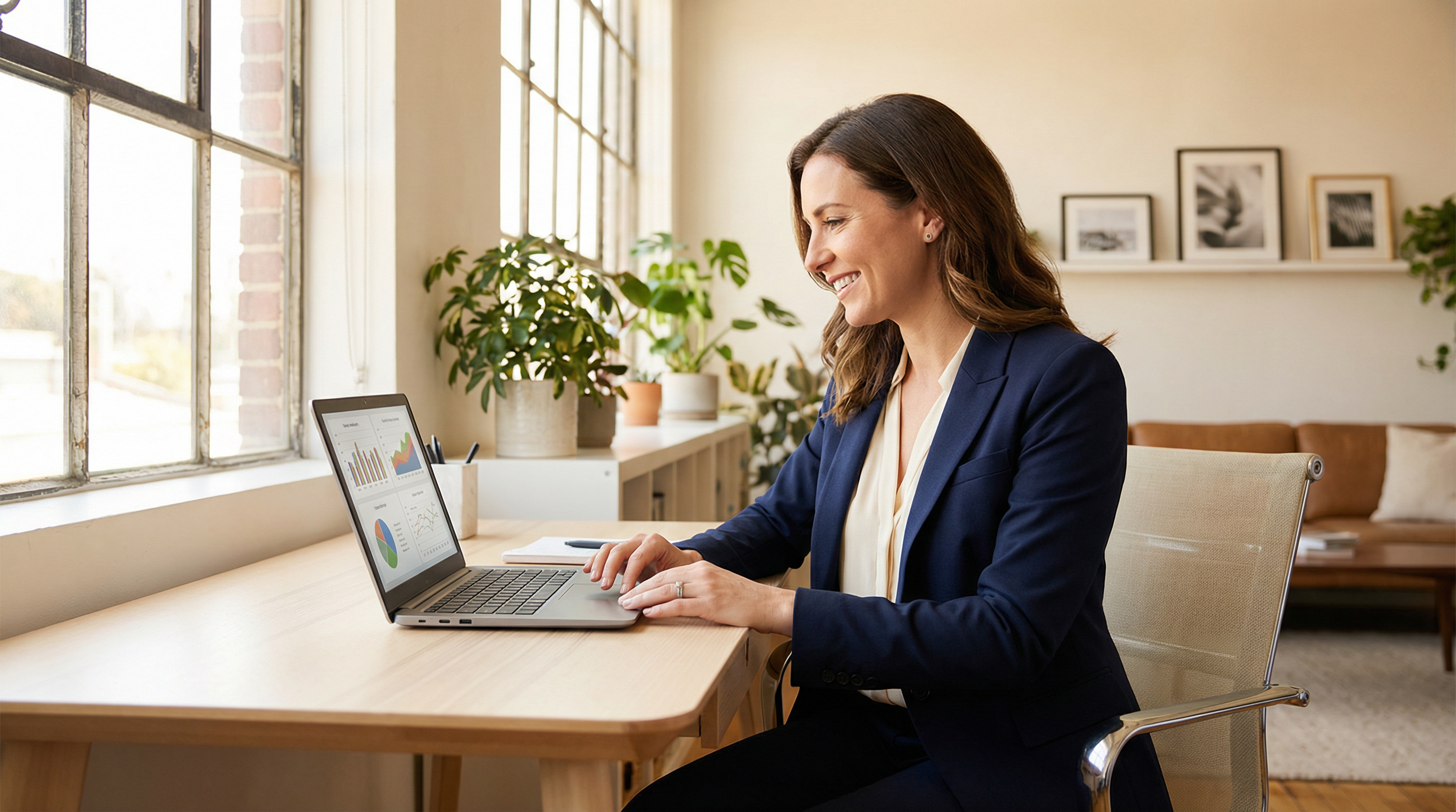 A confident small business owner smiling while looking at her computer screen showing data analytics A confident small business owner smiling while looking at her computer screen showing data analytics