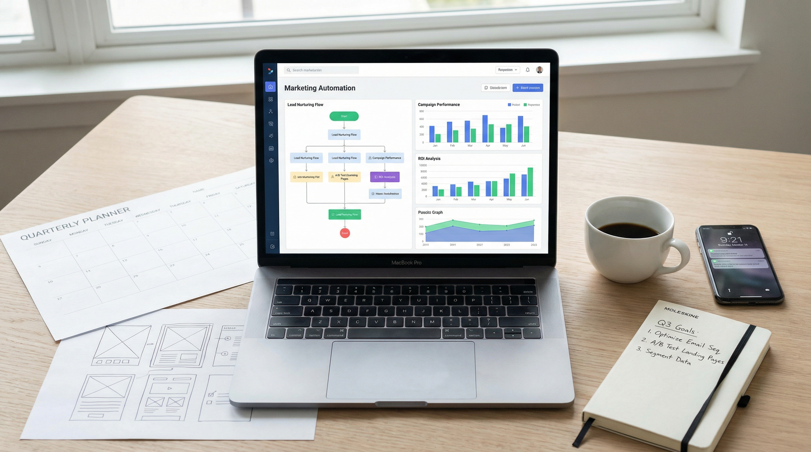 A laptop displaying a marketing automation dashboard with colorful workflow diagrams A laptop displaying a marketing automation dashboard with colorful workflow diagrams