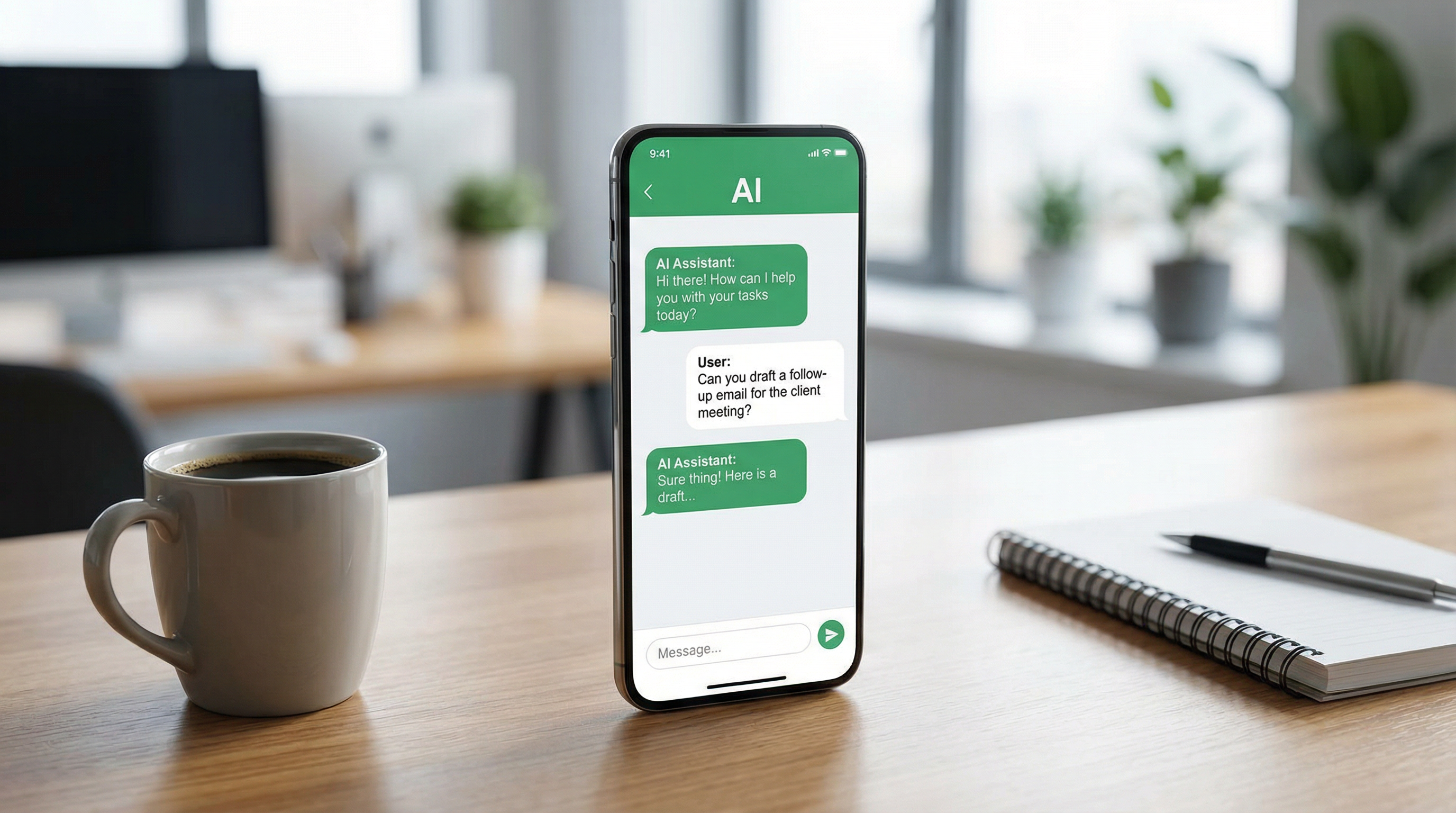 A modern smartphone on a wooden desk displaying an AI chatbot conversation interface A modern smartphone on a wooden desk displaying an AI chatbot conversation interface