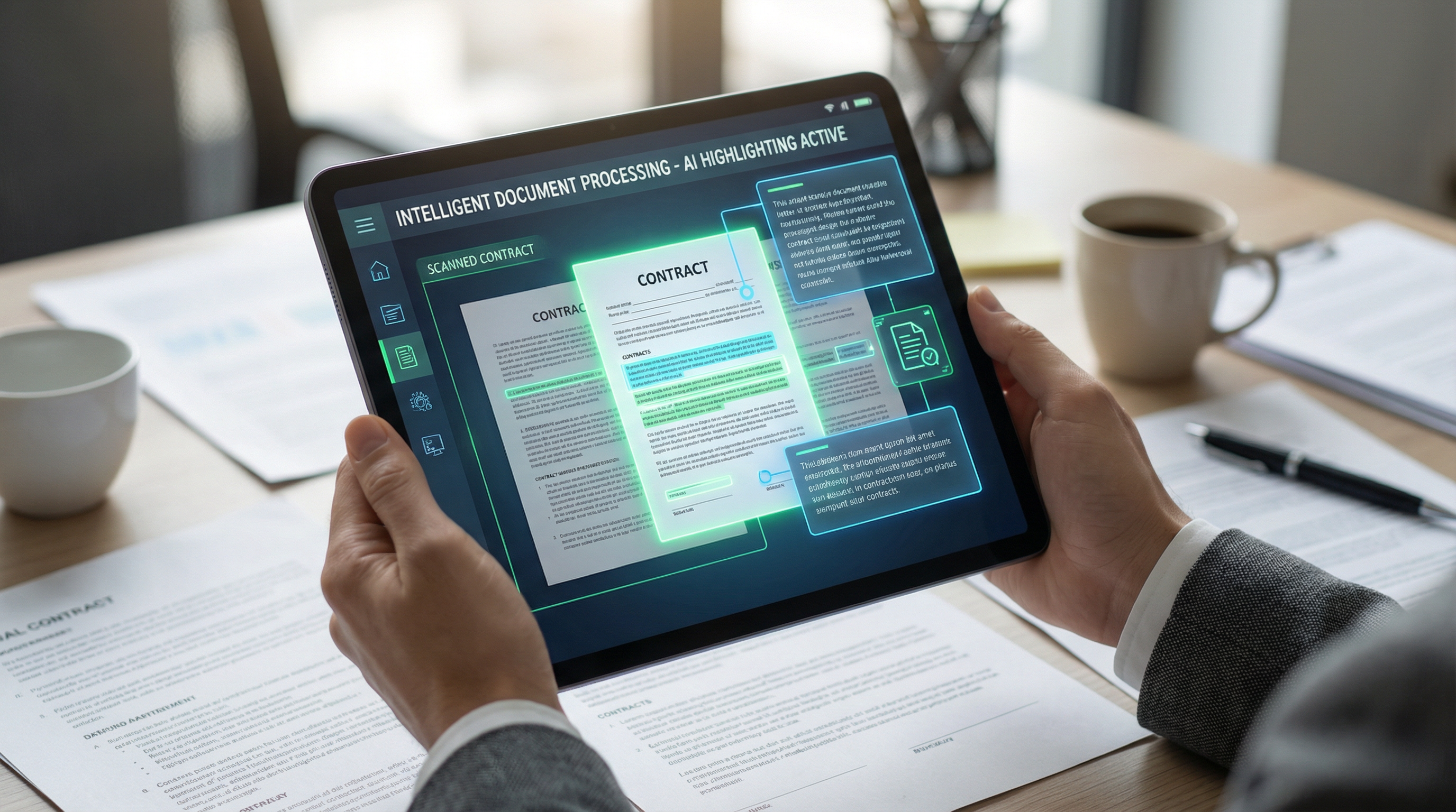 Hands holding a tablet displaying digital documents and contracts with AI highlighting and data extraction visualization Hands holding a tablet displaying digital documents and contracts with AI highlighting and data extraction visualization