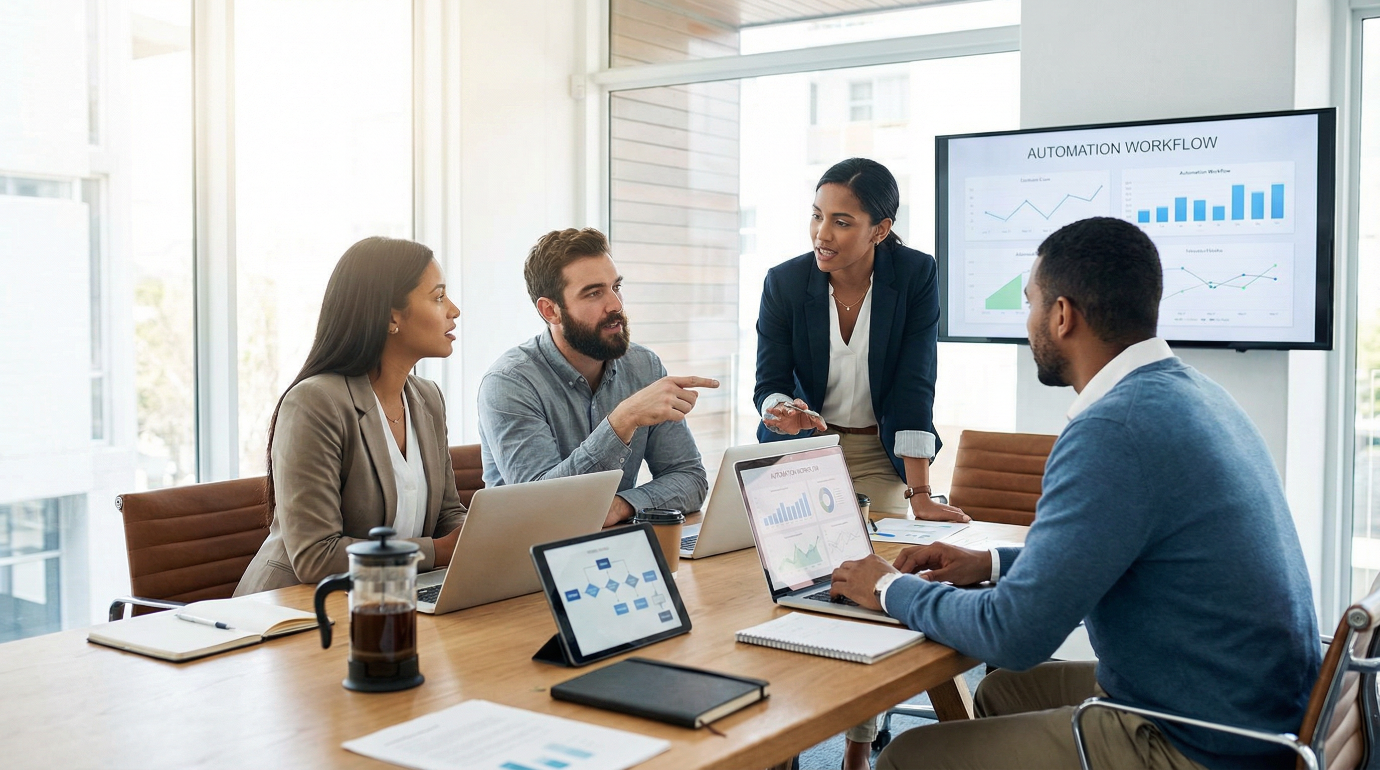 A diverse small business team of 3-4 people collaborating around a conference table A diverse small business team of 3-4 people collaborating around a conference table