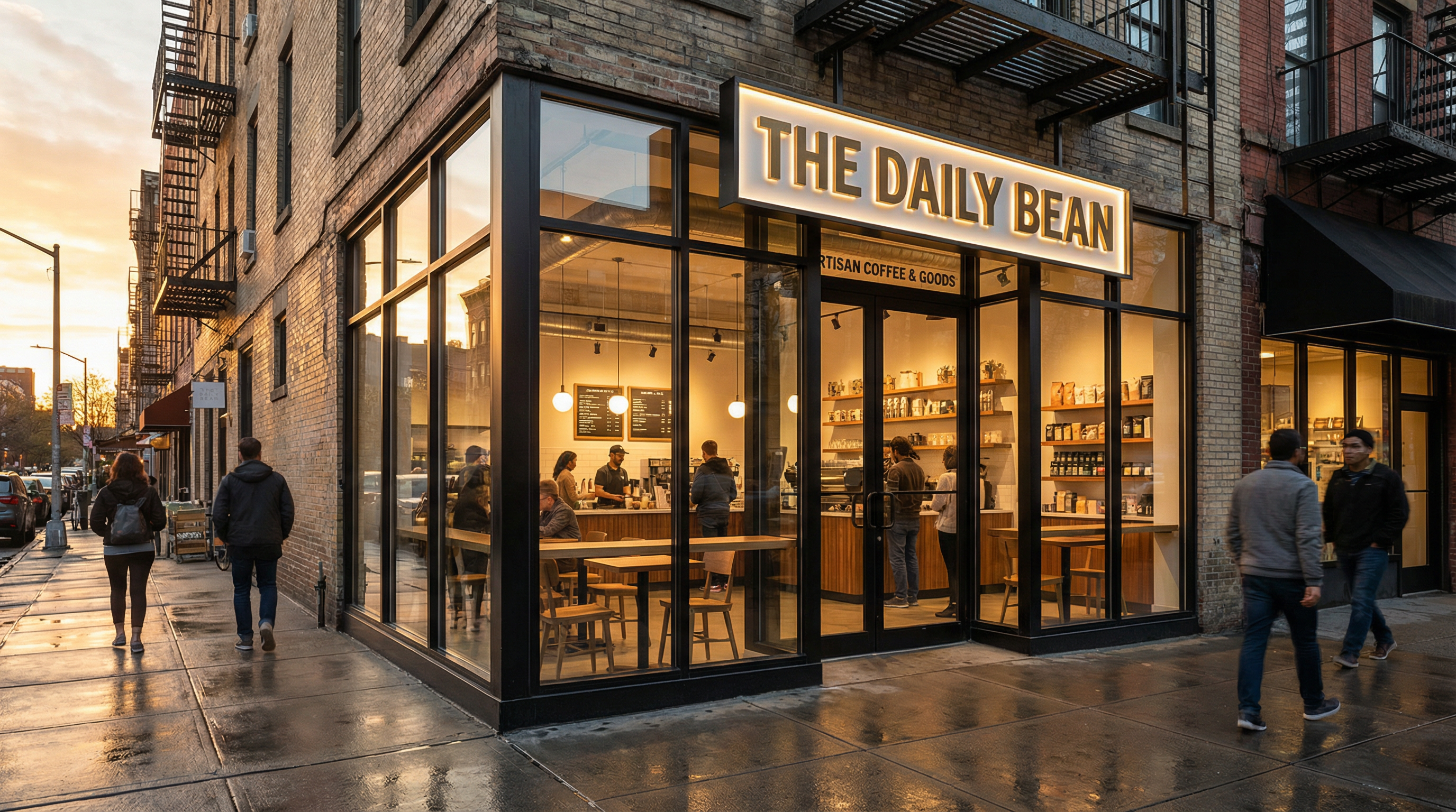 A small business storefront with a modern glass facade and warm inviting lighting A small business storefront with a modern glass facade and warm inviting lighting