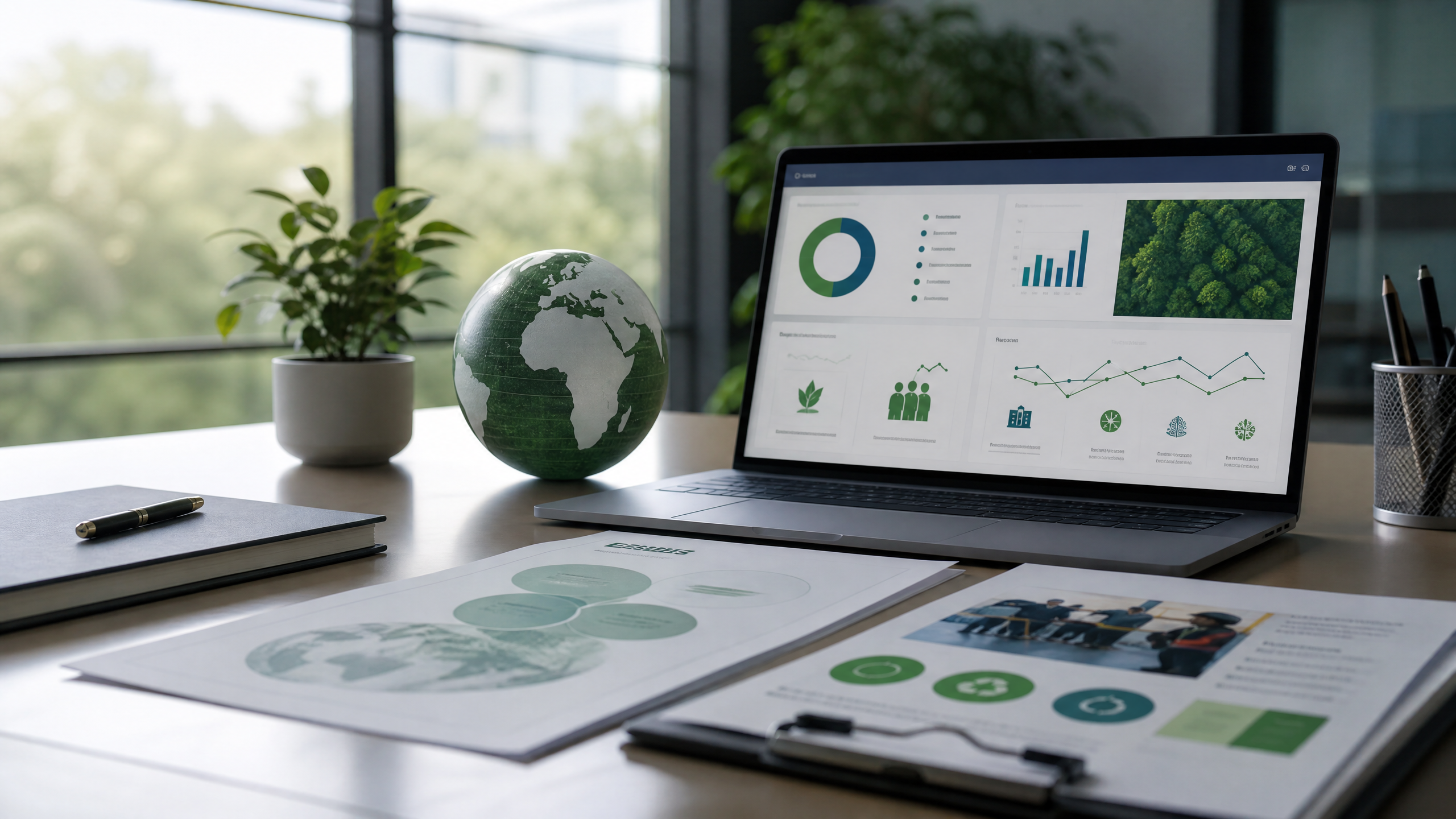 Gambar: Meja kerja modern dengan laptop menampilkan data lingkungan dan globe, melambangkan fokus pada keberlanjutan.