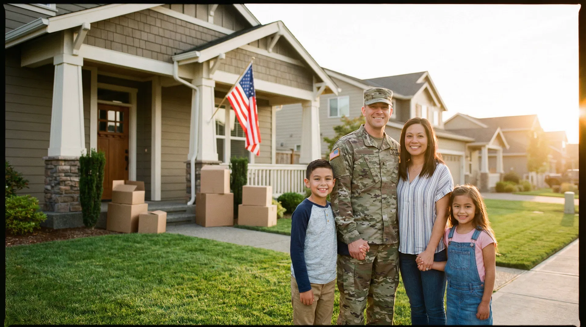 Military family in front of new home