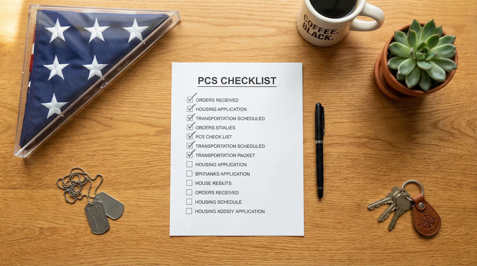 PCS Checklist on desk with military items