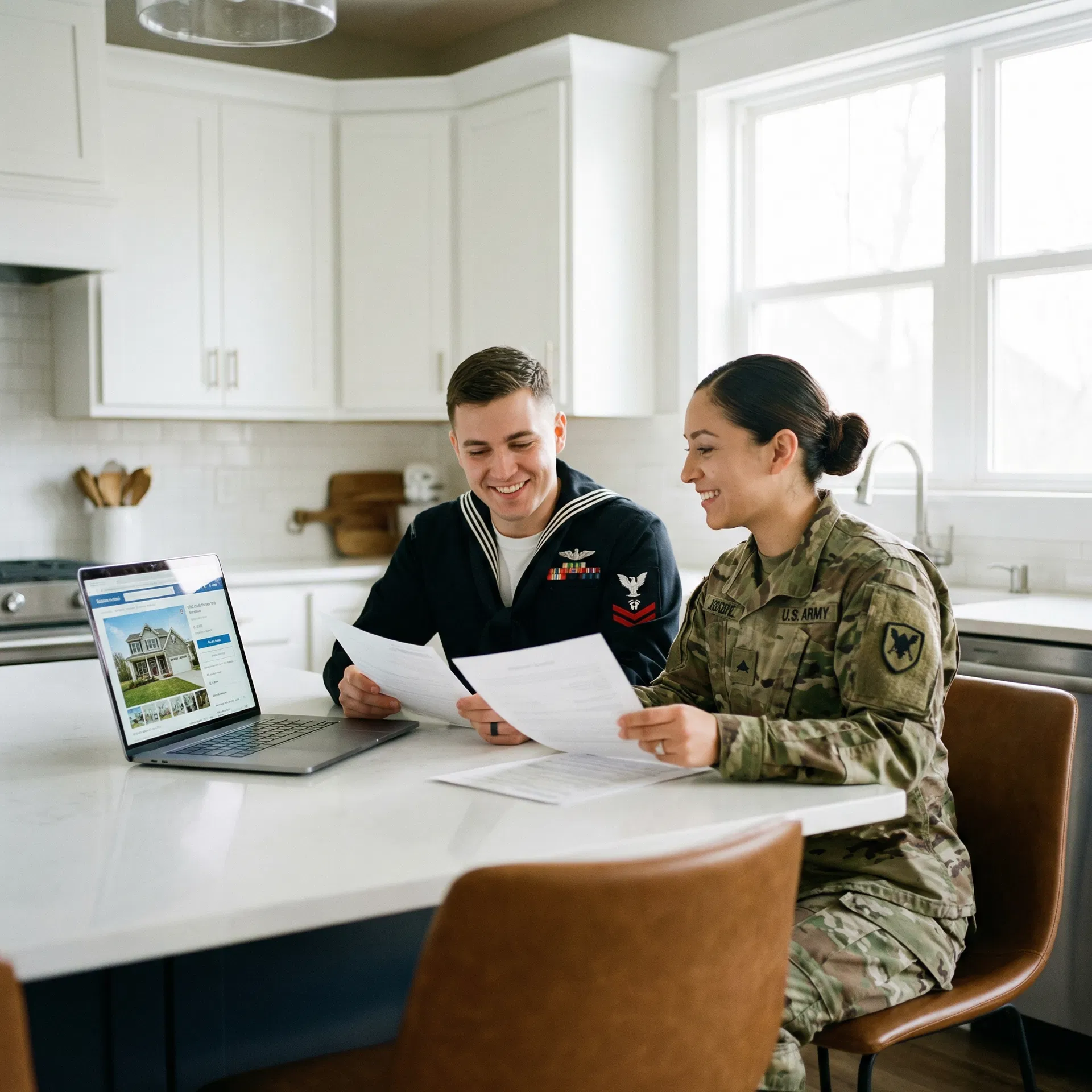 Military couple reviewing home loan documents