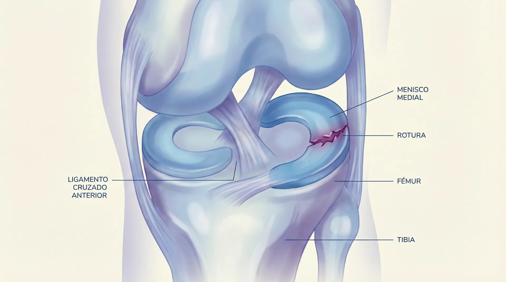 Ilustración médica de rotura de menisco