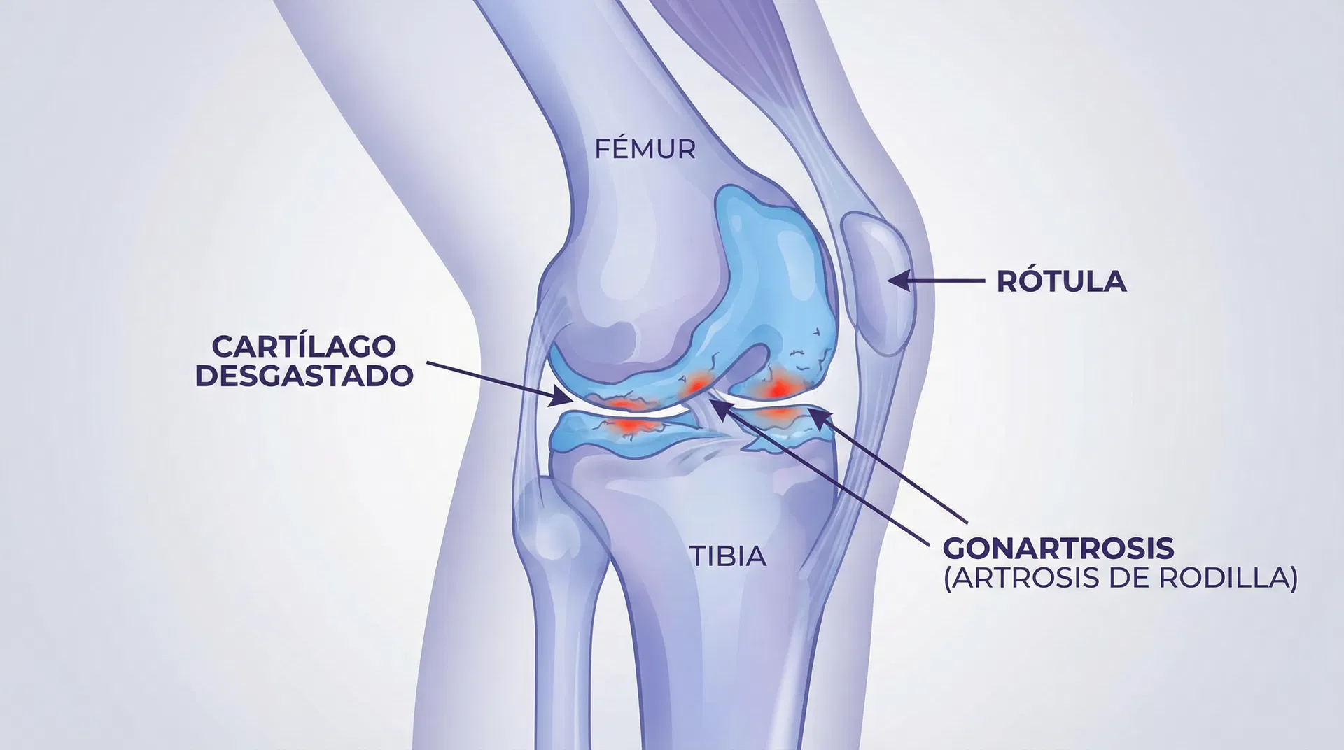 Ilustración médica de gonartrosis (artrosis de rodilla)