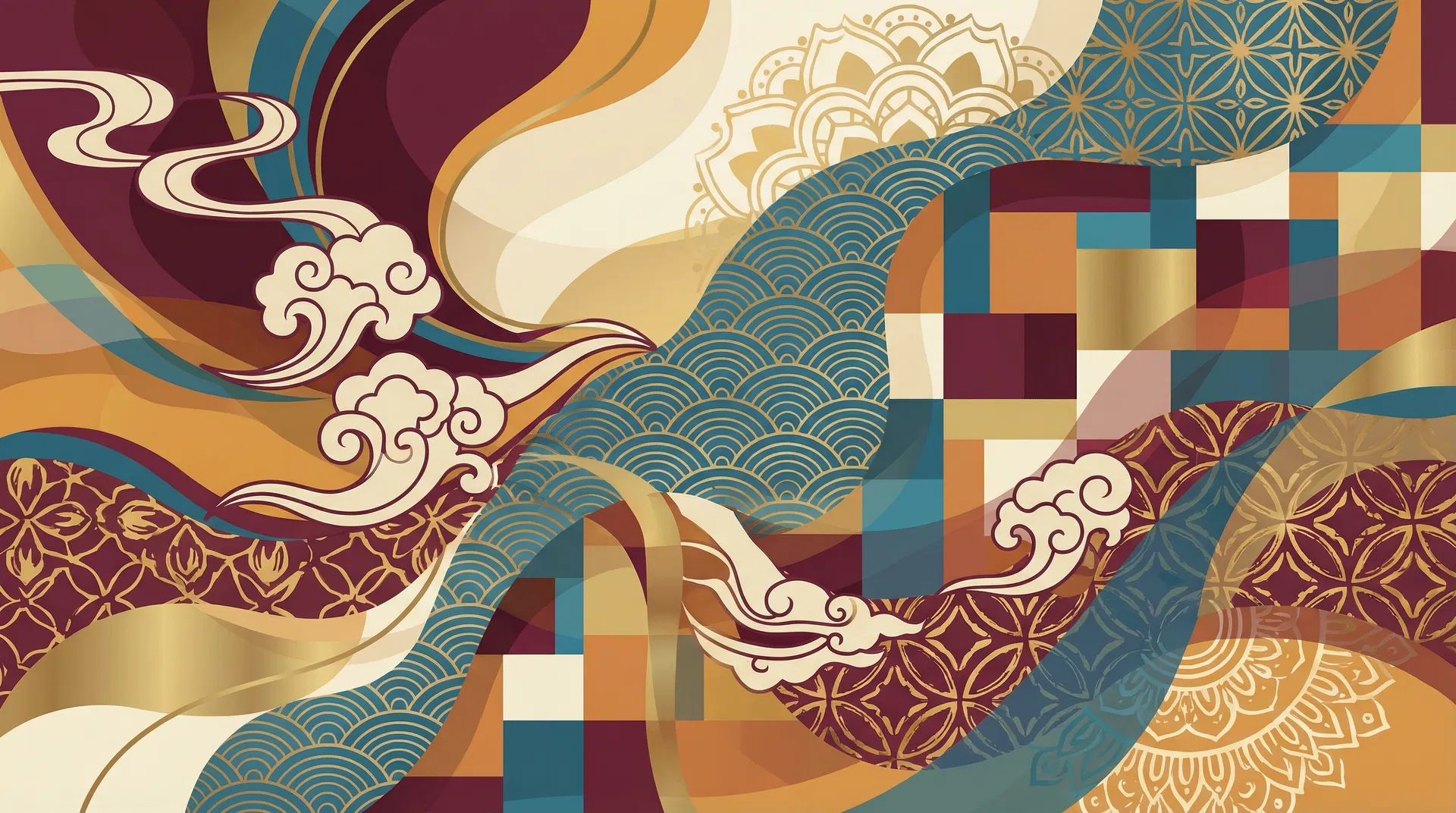 Pan-Asian abstract art representing unity and collaboration