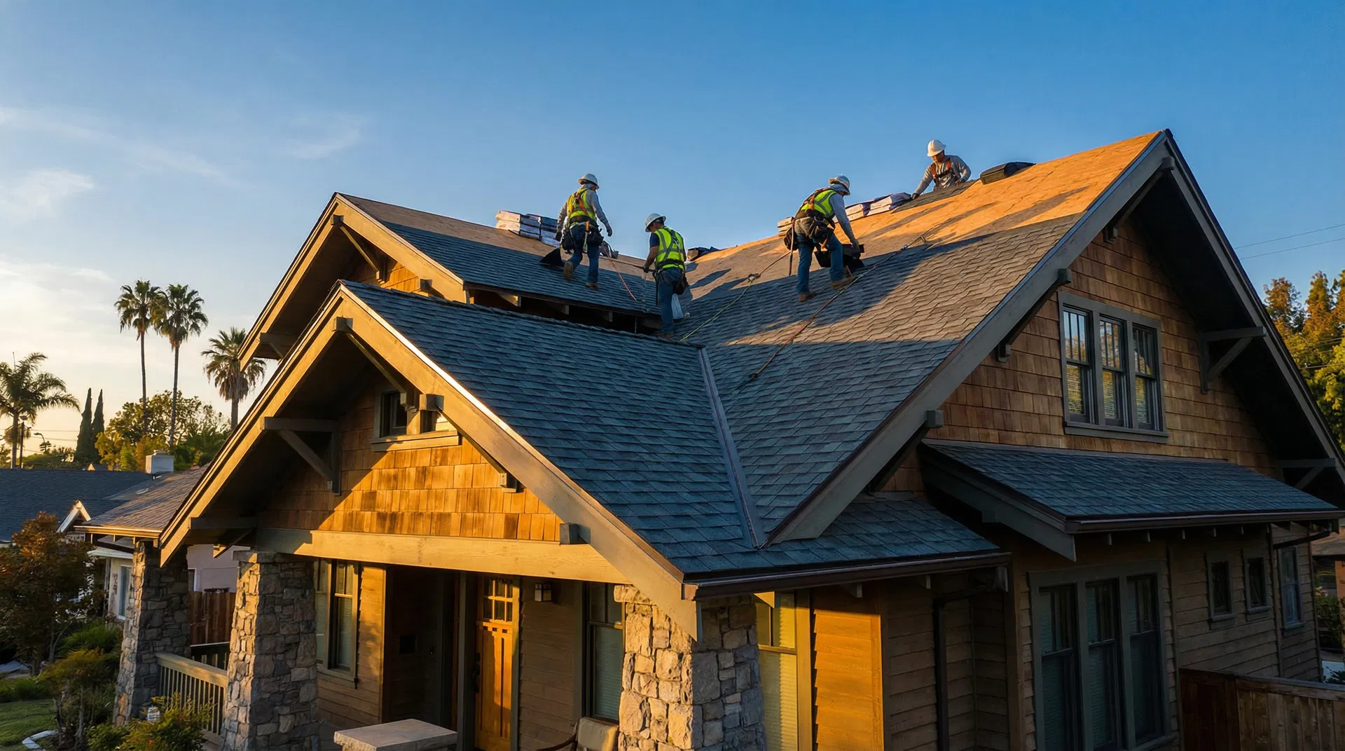 Professional roofing crew installing new shingles on a California Craftsman home at golden hour