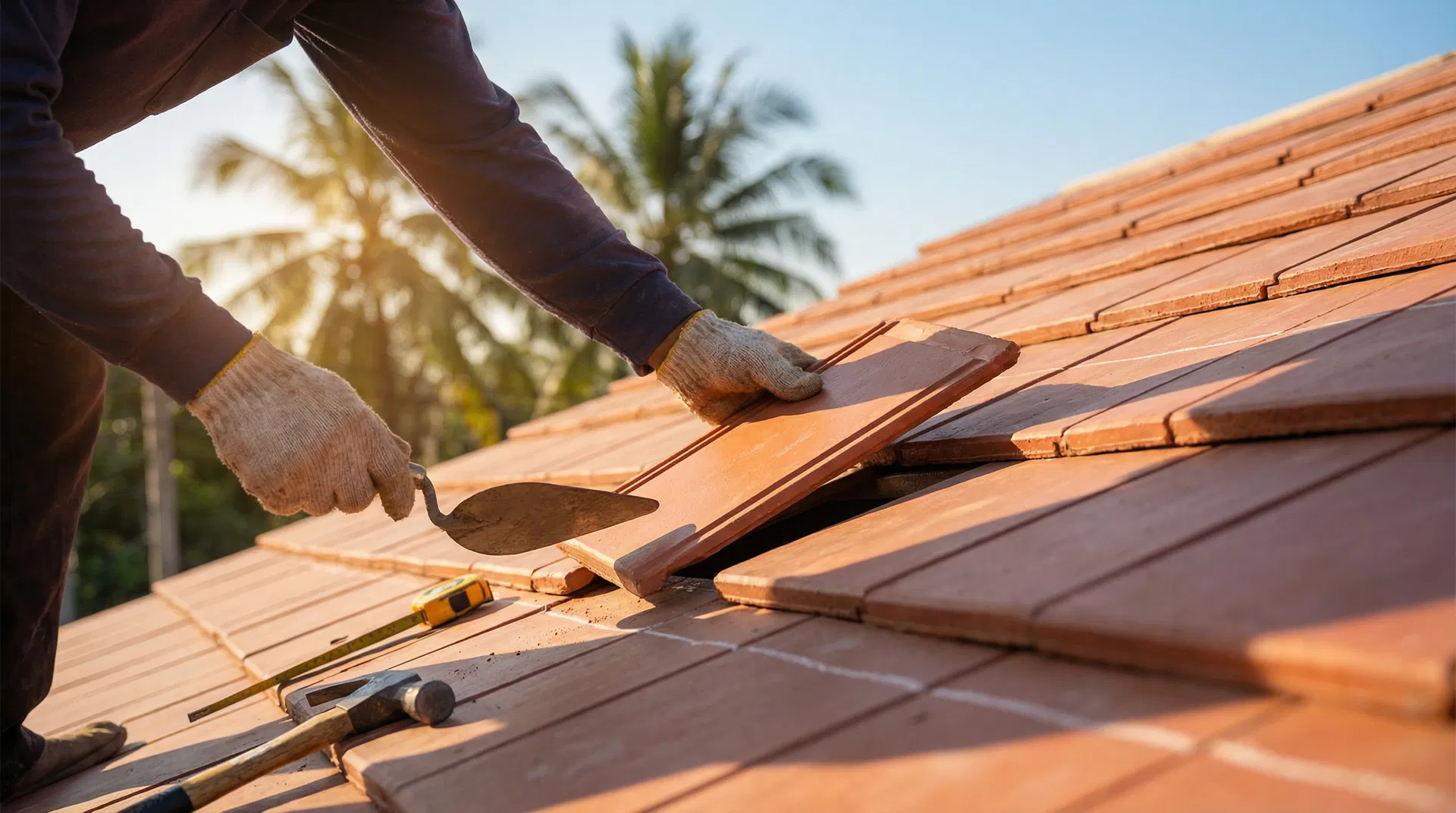 Professional roofer carefully installing new terracotta roof tiles on a California home