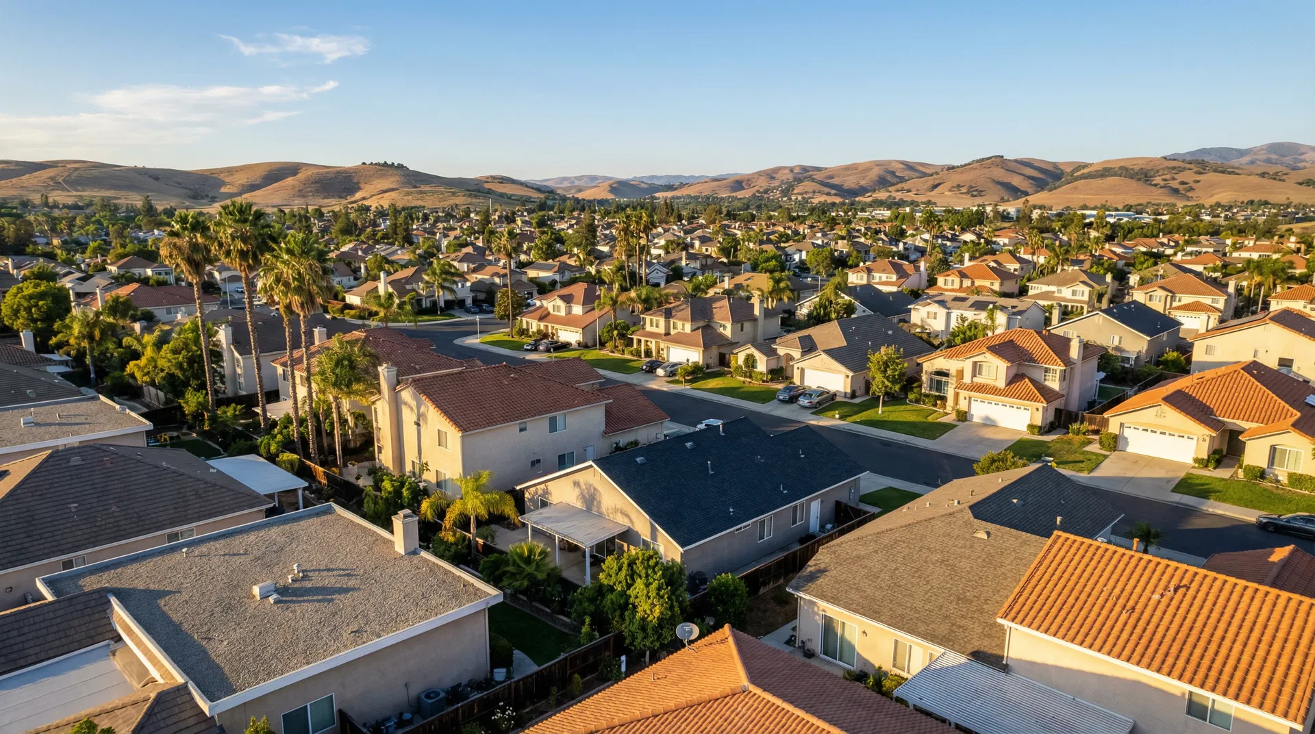 Aerial view of California residential neighborhood with diverse roof styles and palm trees