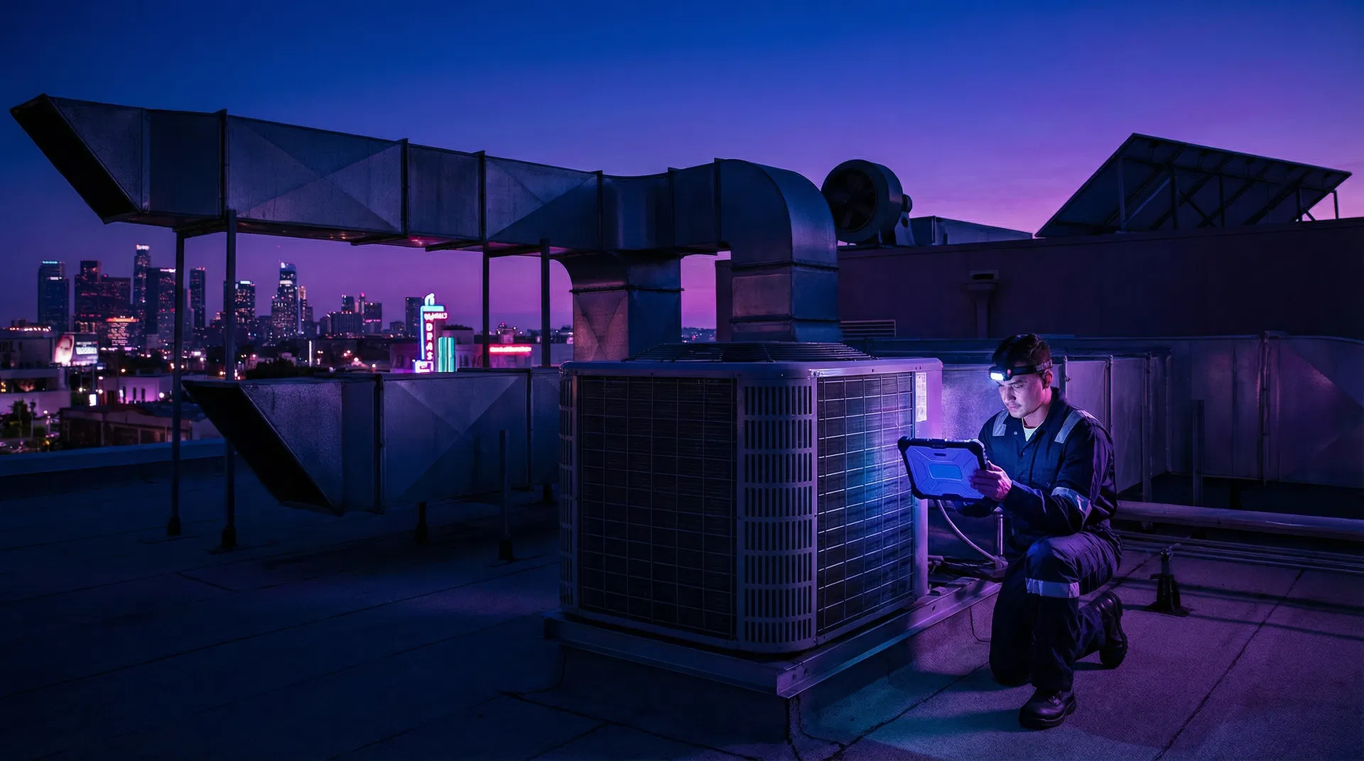 HVAC technician using tablet on rooftop