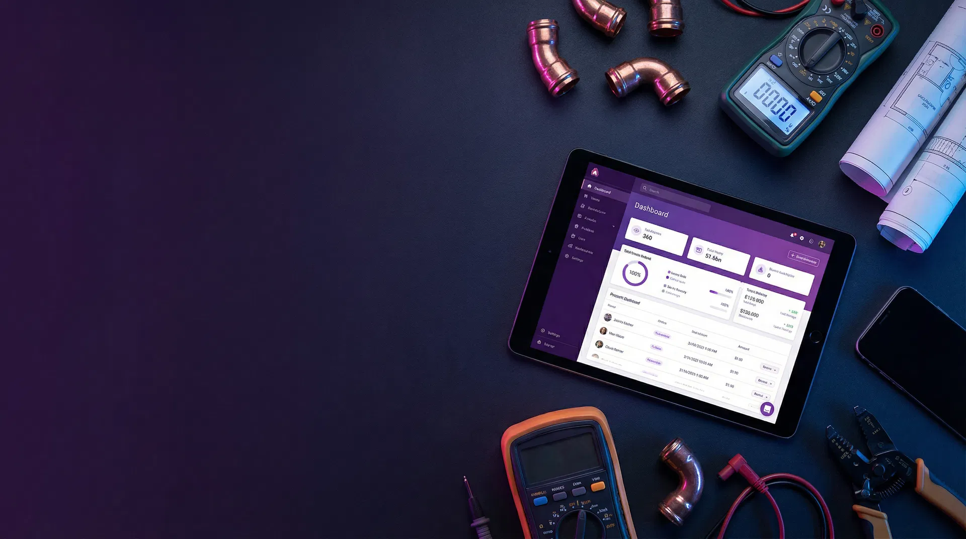 Laptop showing analytics dashboard alongside trade tools