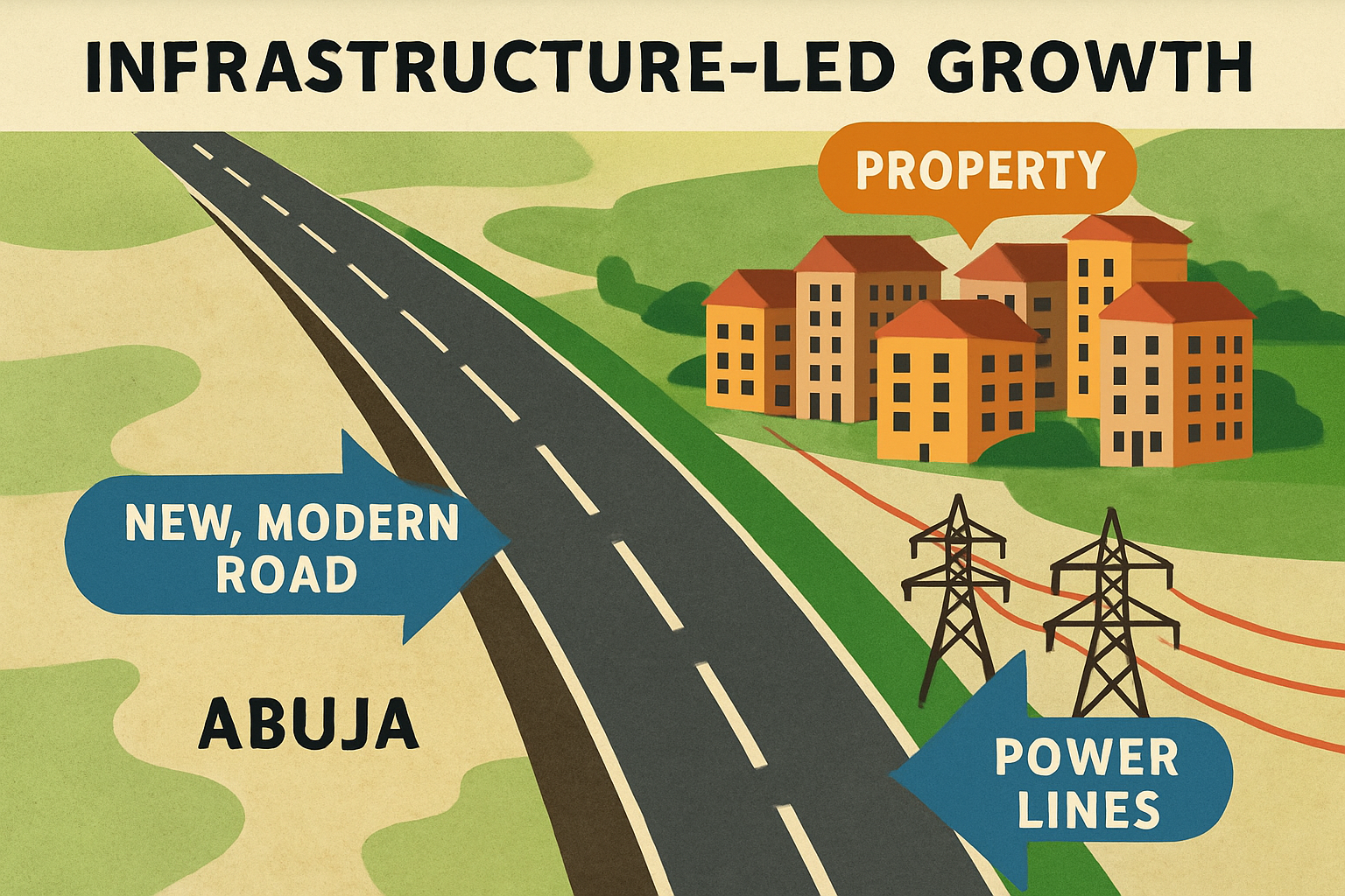 Stylized map of a developing area in Abuja, Nigeria, showing a new, modern road and power lines leading to a cluster of new residential buildings