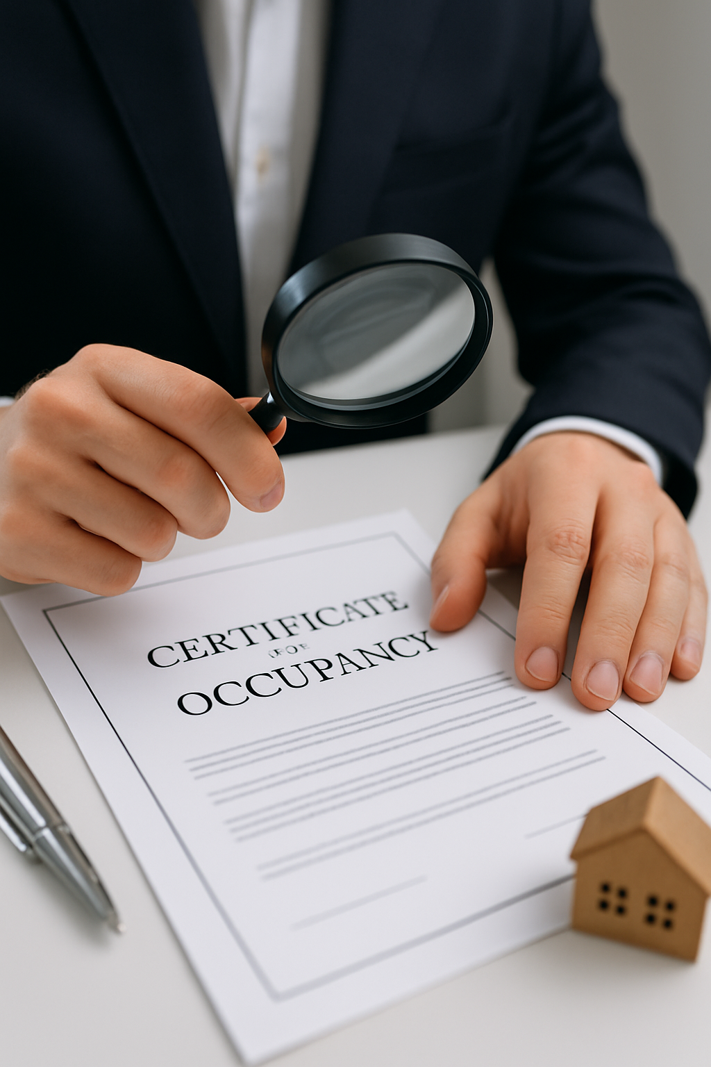 Close-up photo of a person reviewing a Certificate of Occupancy document with a magnifying glass, symbolizing thorough due diligence