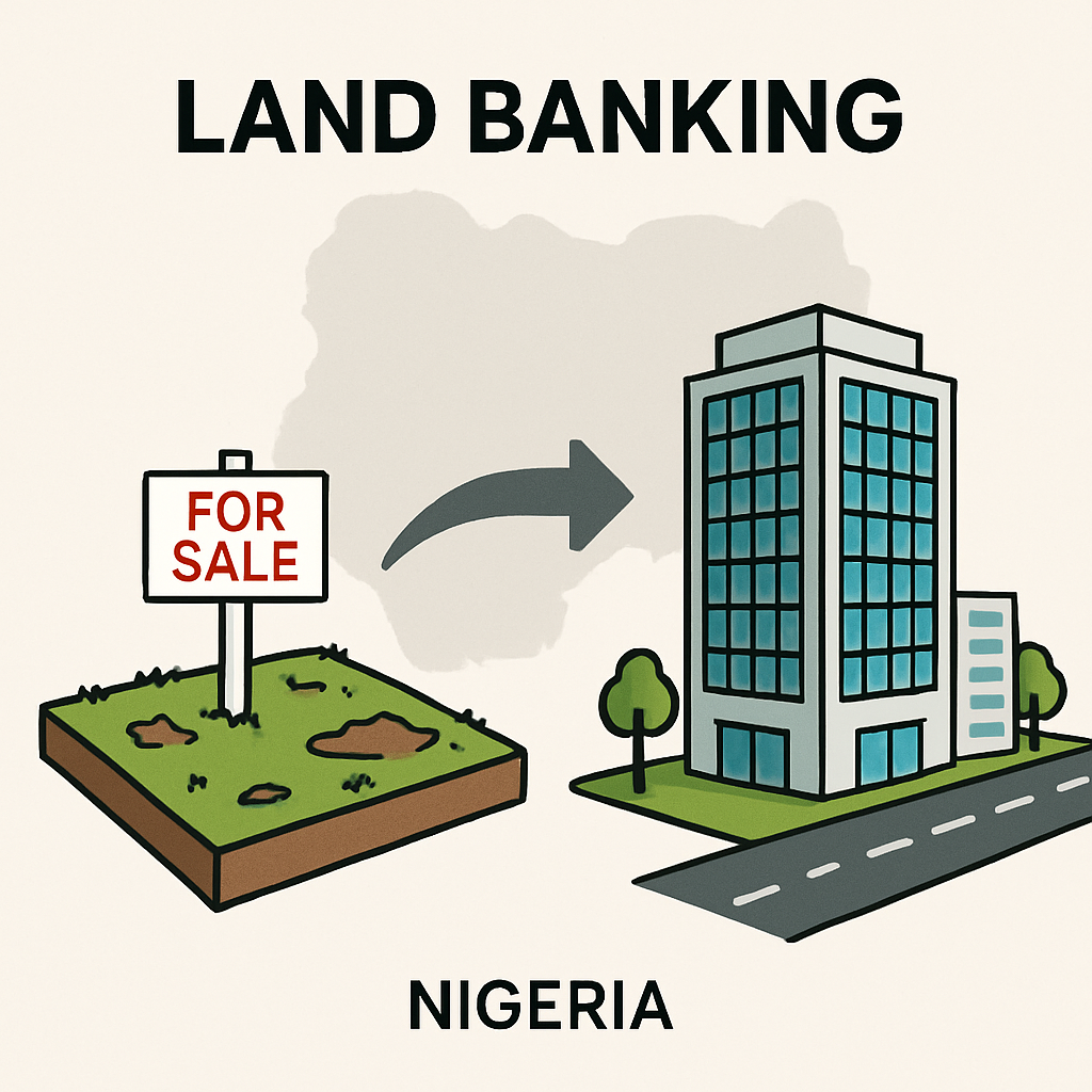 Infographic illustrating the concept of Land Banking in Nigeria, showing undeveloped land transforming into a modern building
