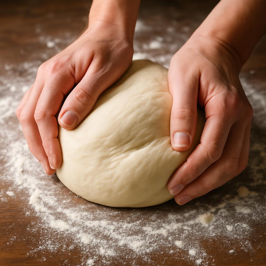 Mãos sovando a massa de pão caseiro