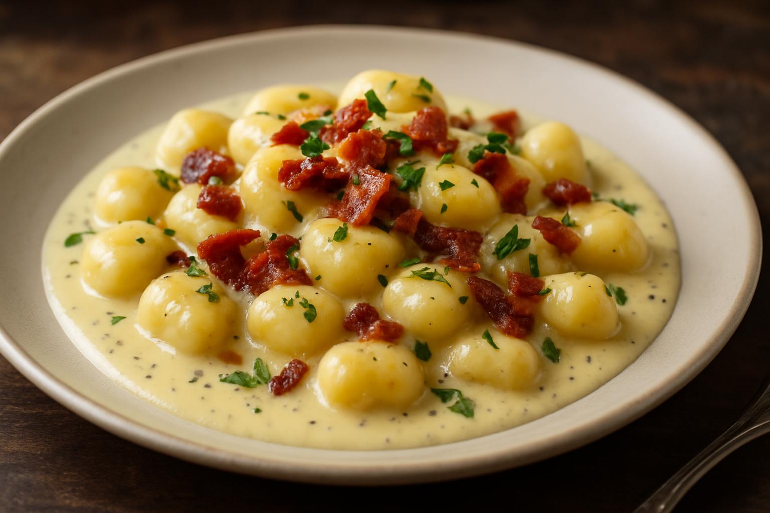 Nhoque com Creme de Queijos, Bacon e Ervas