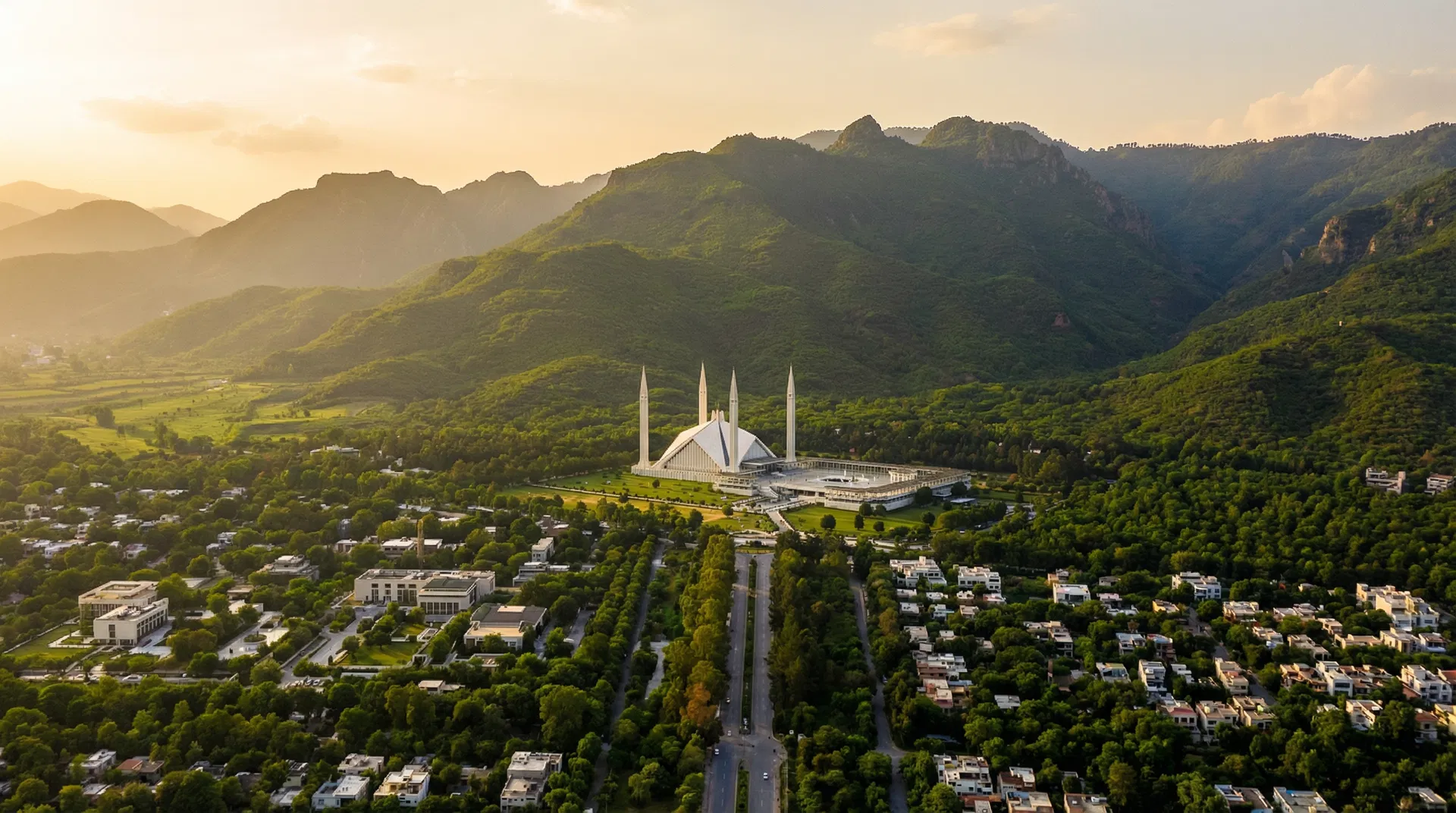 Islamabad cityscape with Faisal Mosque and Margalla Hills