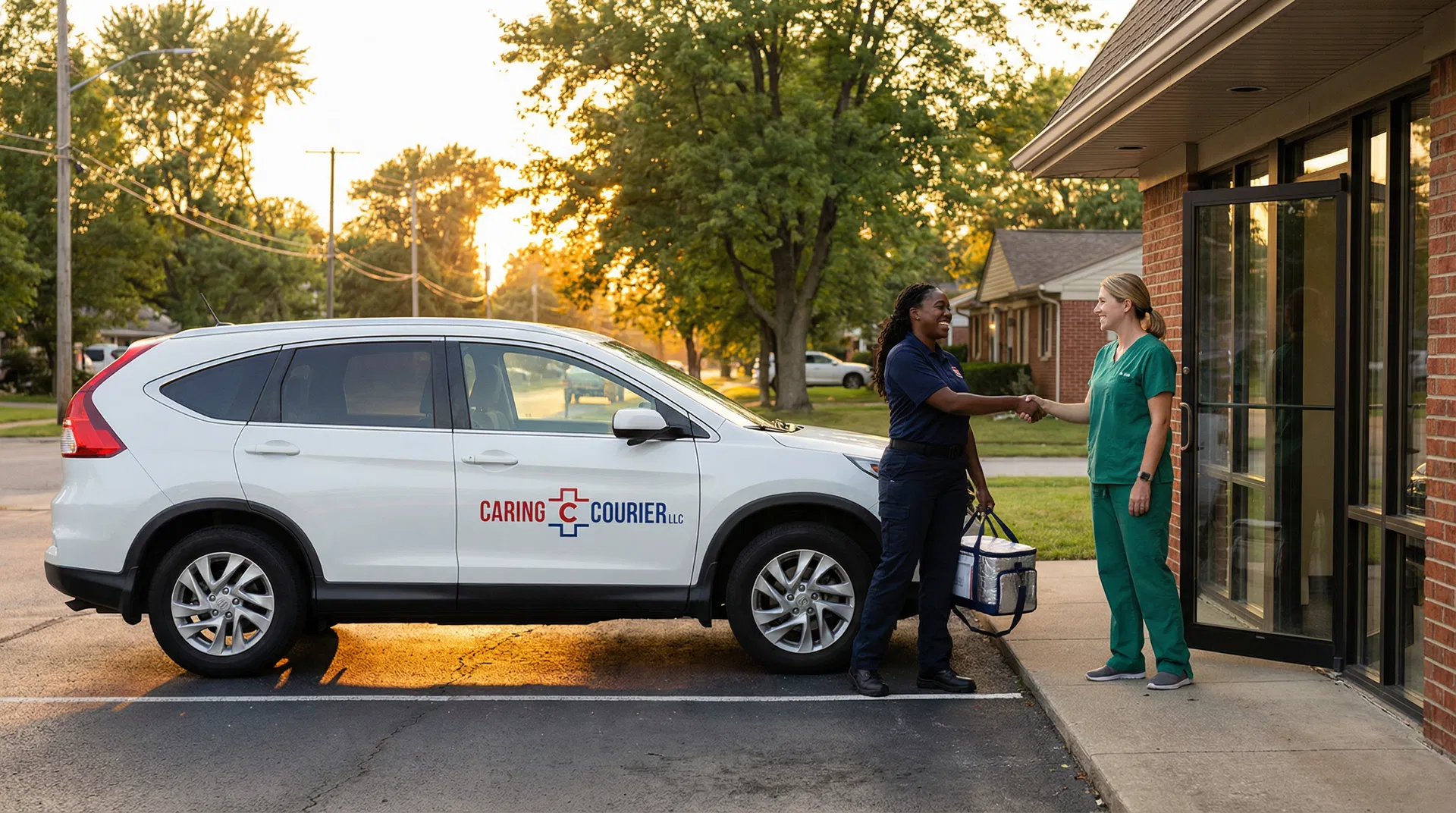 Caring C Courier professional delivery and handshake