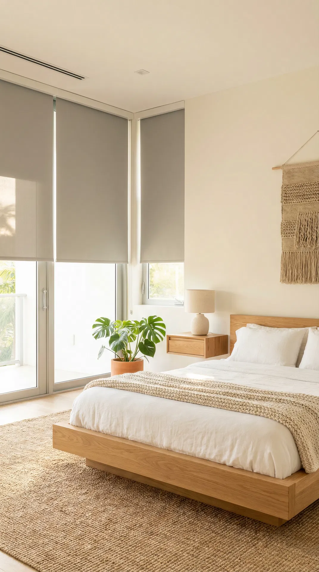 Modern bedroom with blackout roller shades