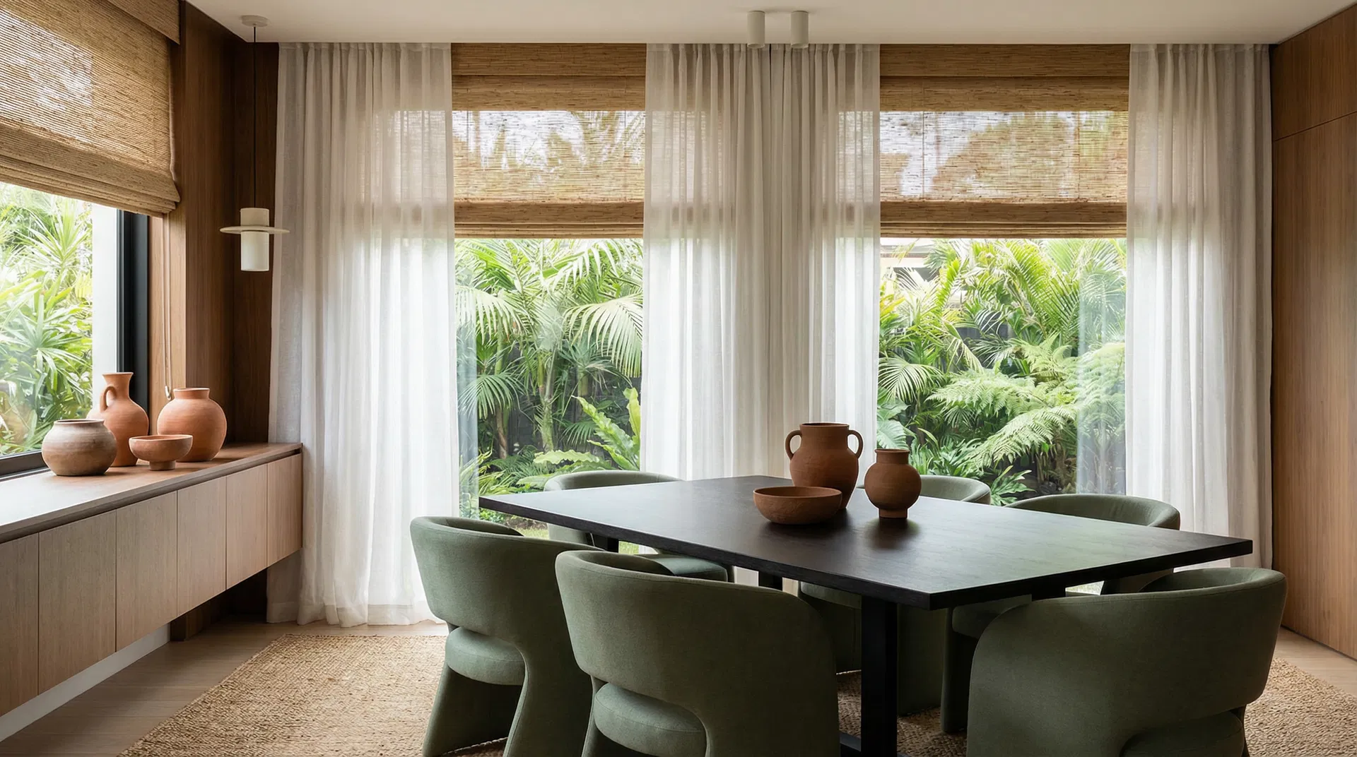 Dining room with layered window treatments