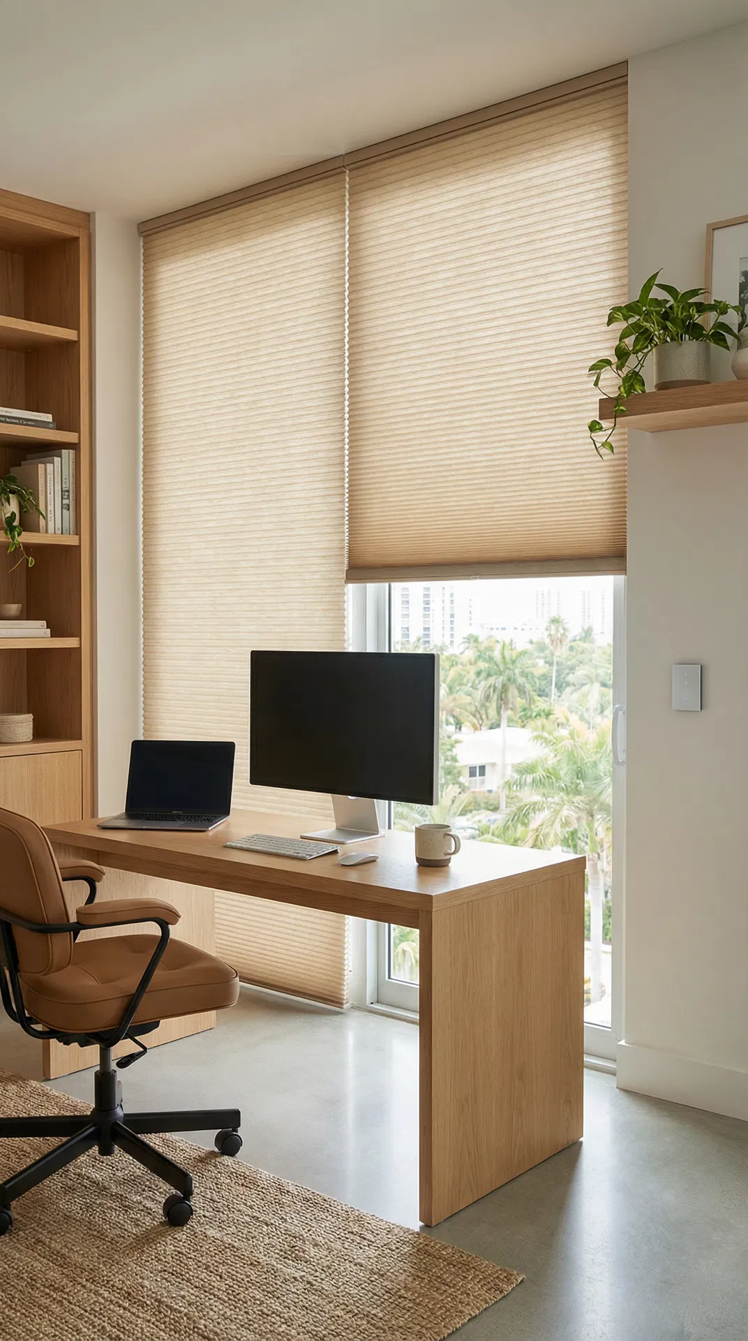 Home office with cellular honeycomb shades