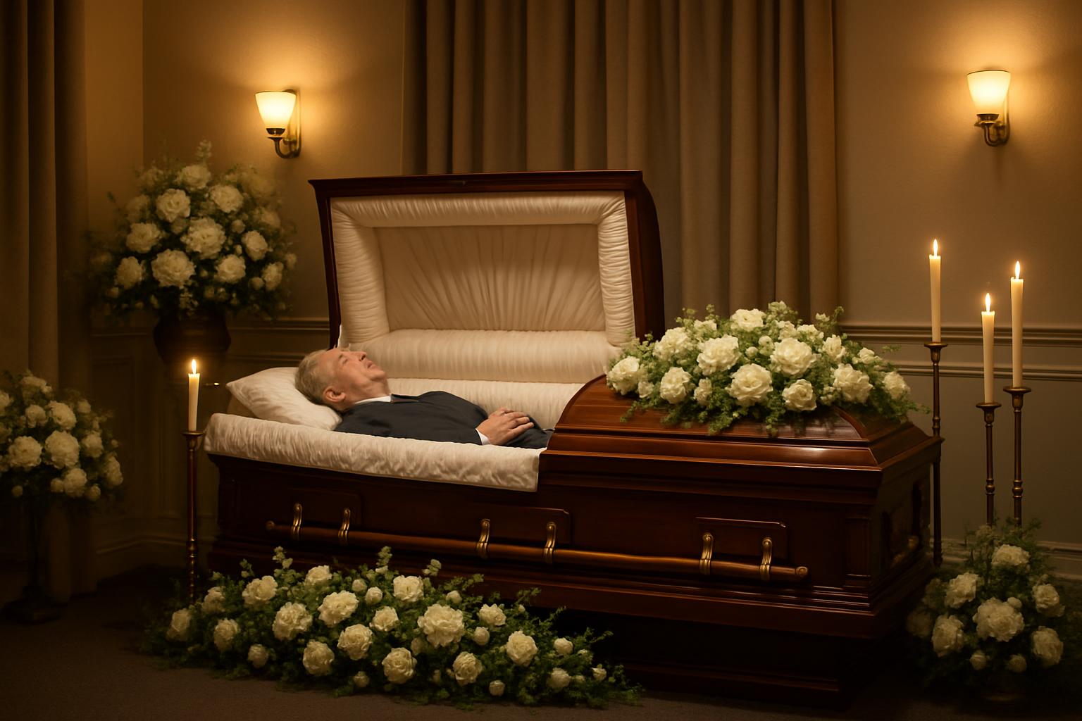 A respectful and serene funeral viewing scene with an elegant open casket surrounded by white flowers and soft candlelight in a peaceful funeral home chapel, warm lighting, dignified atmosphere, photorealistic style